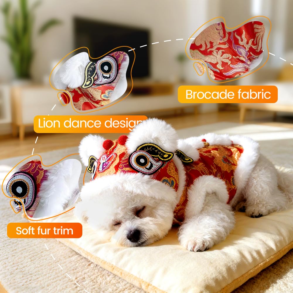 Cute Dance Lion Pet Costume with Red Sequins New Year Cat Dog Clothes Hoodies Coat Chinese Lion Dance Dog Costume, Spring Festival Pet Outfit