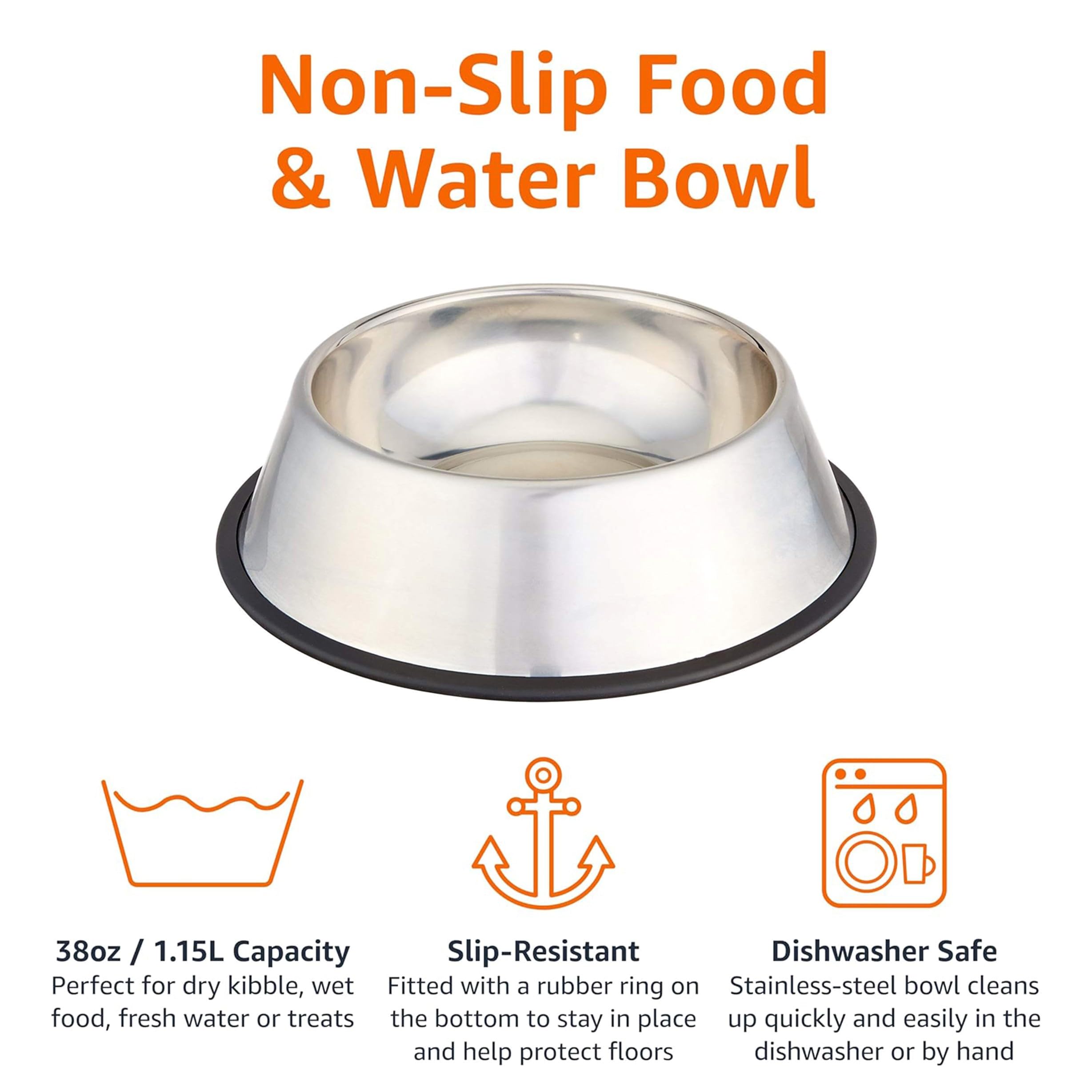 Amazon Basics Stainless Steel Non-Skid Dog Bowl, Dishwasher Safe, Rust Resistant, Single