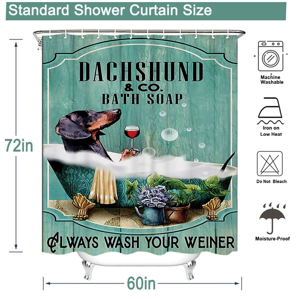 Famiffty Dog Shower Curtain Funny Shower Curtains 60Wx72L Inch Dachshund Bath Soap Shower Curtain Fun Ocean Teal Green Bathtub Vintage Wood Waterproof Polyester Fabric 12 Plastic Hooks