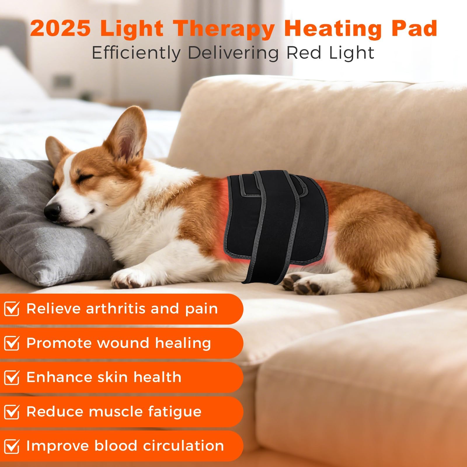 13.8"*7" Red Light Therapy Pad for Dogs Body, 70 LEDs Redlight Therapy Wrap with Timer, Heating Mat Products with Band for Back Belly Leg Knee Thigh, Gifts for Men, Women, Pets Dog