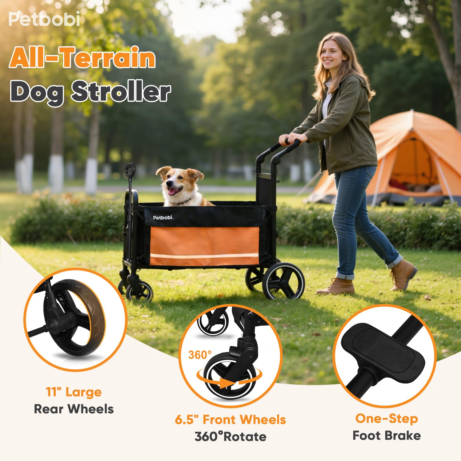 Petbobi Dog Wagon Stroller for Large & Medium Dogs, 2-in-1 Push Pull Pet Cart with Ramp, Foldable Wagon, 360° Swivel Wheels, Adjustable Handles, Safety Leashes, Orange