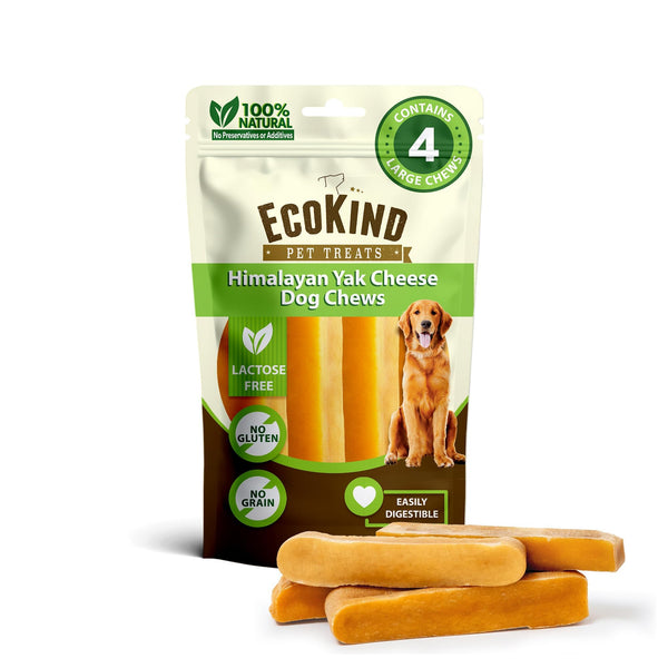 EcoKind Yak Cheese Himalayan Dog Chews, Yak Chews for Large Dogs, Long Lasting Bone for Aggressive Chewers, 3 Ingredients, Natural High Protein Treats, No Additives, Lactose Free, Large - 4 Chews