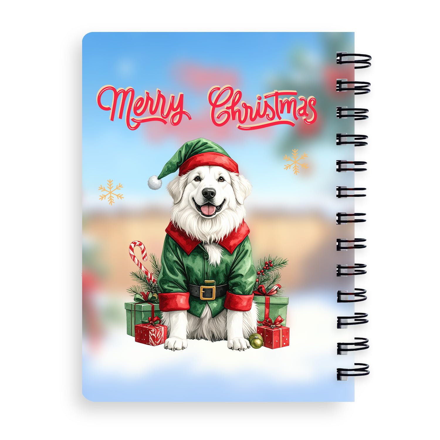 Ninety3POD Merry Christmas Woofmas Xmas Noel Great Pyrenees Elf Candy Cane Snow Spiral Bound Journal Pyr Dog Lover 5x7in Spiral Notebook 13017