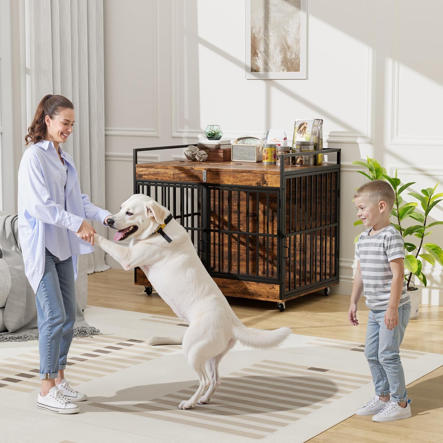 NEWBULAND 45 Inch Dog Crate Furniture for Large Dog with 2 Stainless Steel Bowls, Heavy Duty Dog Kennel Indoor, Large Wooden Dog Crate Table for Decorate House As TV Stand, End Table