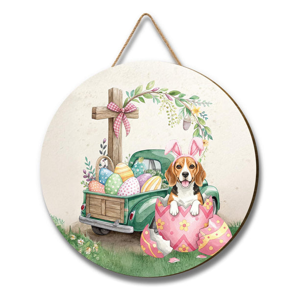 Easter Egg Beagle Bunny Ear Welcome Spring Truck Round Wood Sign Beagles Dog Lover Gifts Idea Hanging Wall Home Decor 12002