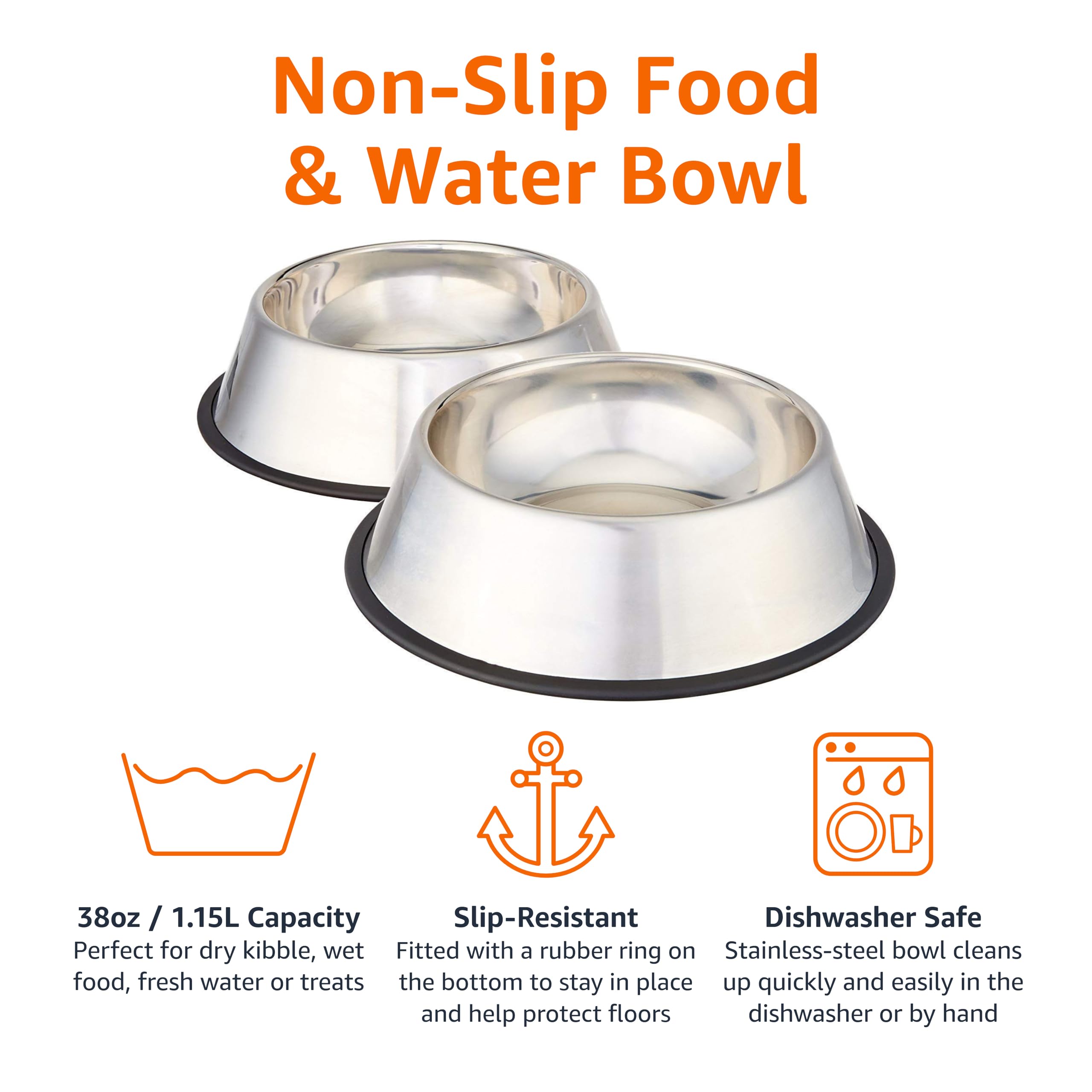 Amazon Basics Stainless Steel Non-Skid Dog Water And Food Bowls, Dishwasher Safe, Rust Resistant, 38oz Capacity, 10 x 2.8 Inches, 2-Pack