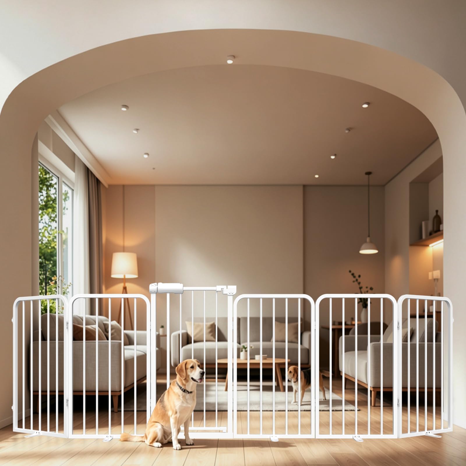WAOWAO Heavy-duty Freetanding Dog Gate with Door, 106"Extra Wide 30"Tall Metal Puppy Pet Gate for Indoor, Foldable Gate for Doorways, Stairs, Hallways, House, Free Standing /Wall Mounted Gate 6 Panels