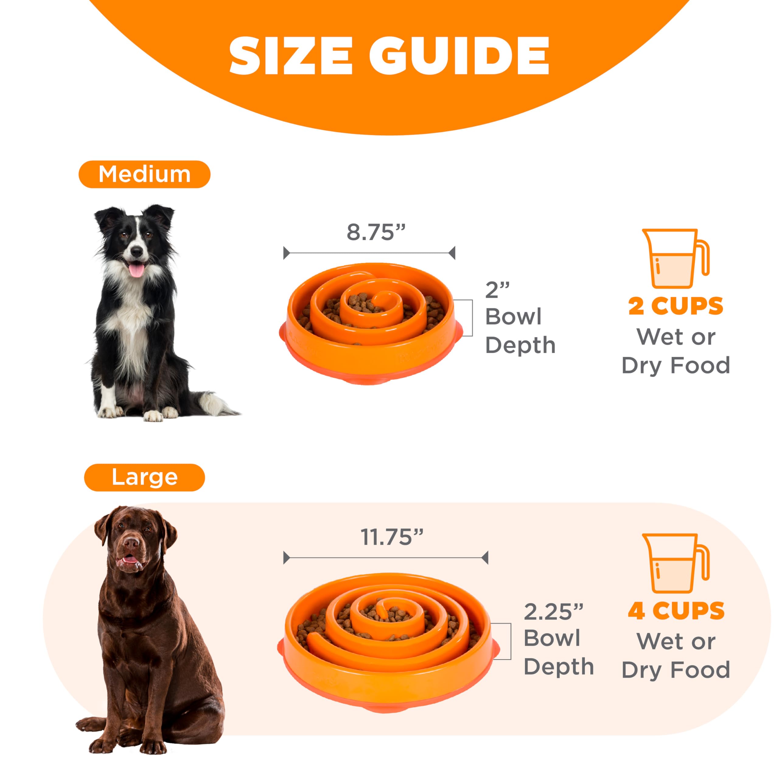 Outward Hound Fun Feeder Slo Bowl – Large 4‑Cup Capacity, Slow Feeding, Medium to Large Dogs, Non‑Slip, Orange, Swirl Pattern