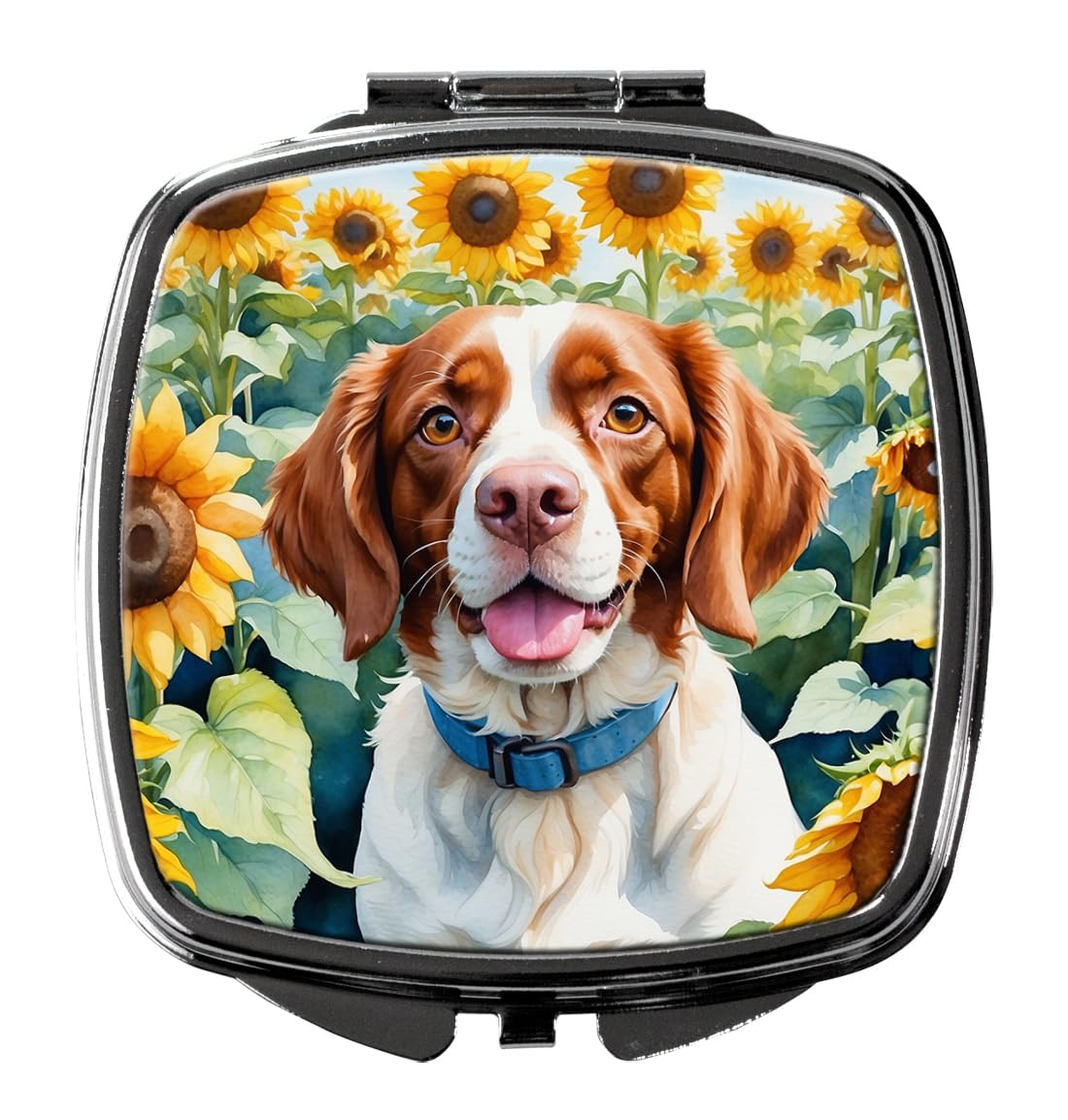 Caroline's Treasures Brittany Spaniel in Sunflowers Compact Mirror Decorative Travel Makeup Mirror for Women Girls Gifts Pocket Makeup Mirror Folding Handheld