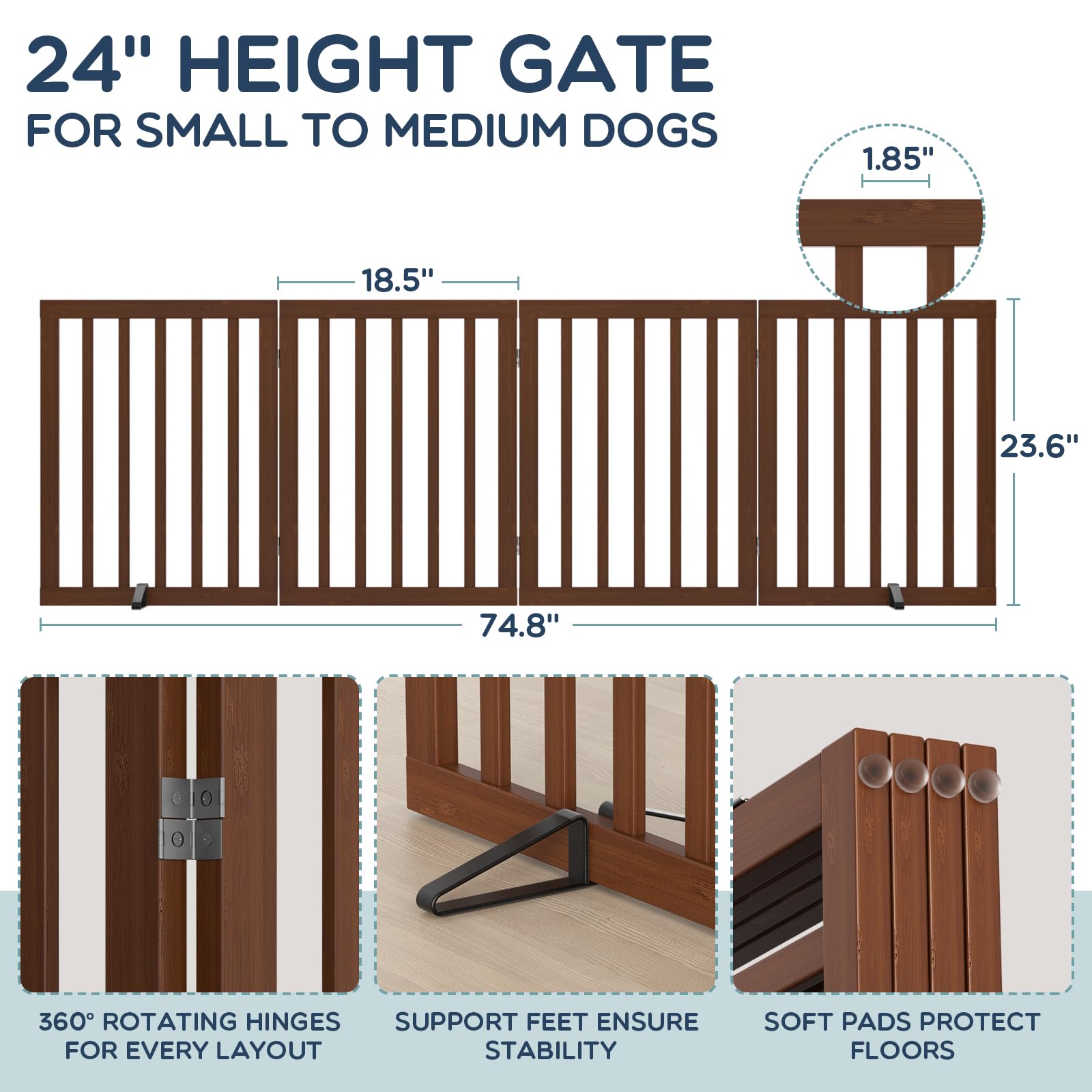 Homykic Bamboo Freestanding Dog Gate, No Assembly Pet Gate Indoor, 24”H x 75”W Extra Wide Foldable Puppy Barrier Fence with Support Feet for the House, Doorways Stairs, 4 Panels, No Drillings, Walnut