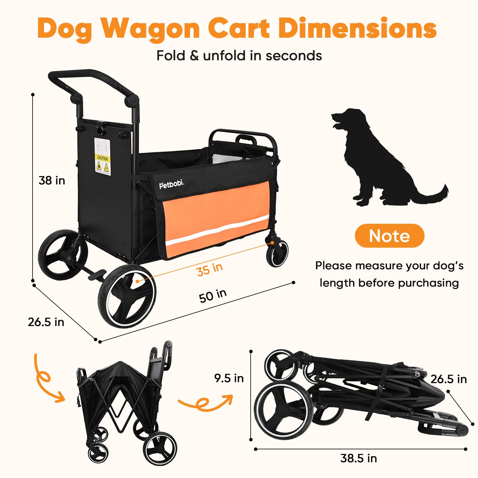 Petbobi Dog Wagon Stroller for Large & Medium Dogs, 2-in-1 Push Pull Pet Cart with Ramp, Foldable Wagon, 360° Swivel Wheels, Adjustable Handles, Safety Leashes, Orange