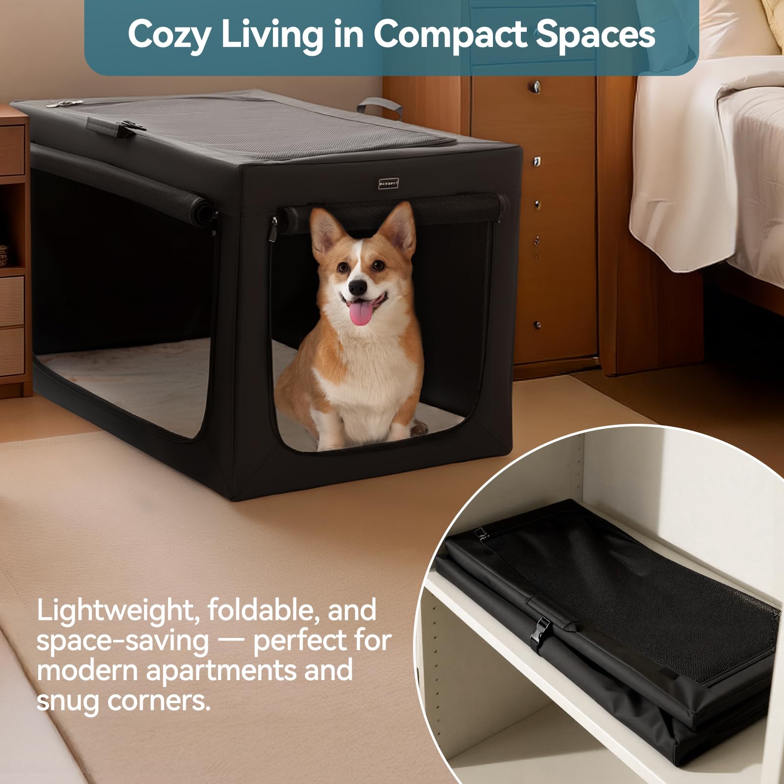 PETSFIT Portable Dog Crate for Small Dogs, – 24" Soft Dog Travel Crates with Lockable Zippers & Thicken Mat, Adjustable Patented Spiral Steel Frame, Collapsible Kennel for Indoor & Outdoor