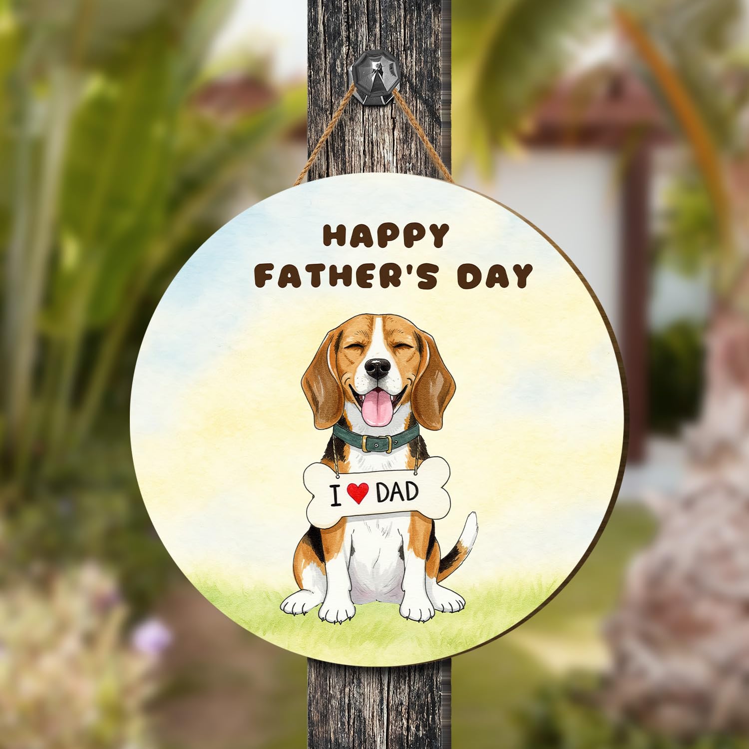 Cute Beagle Loves Dad Happy Father's Day Round Wood Sign Beagles Dog Lover Gifts Idea Hanging Wall Home Decor 12008