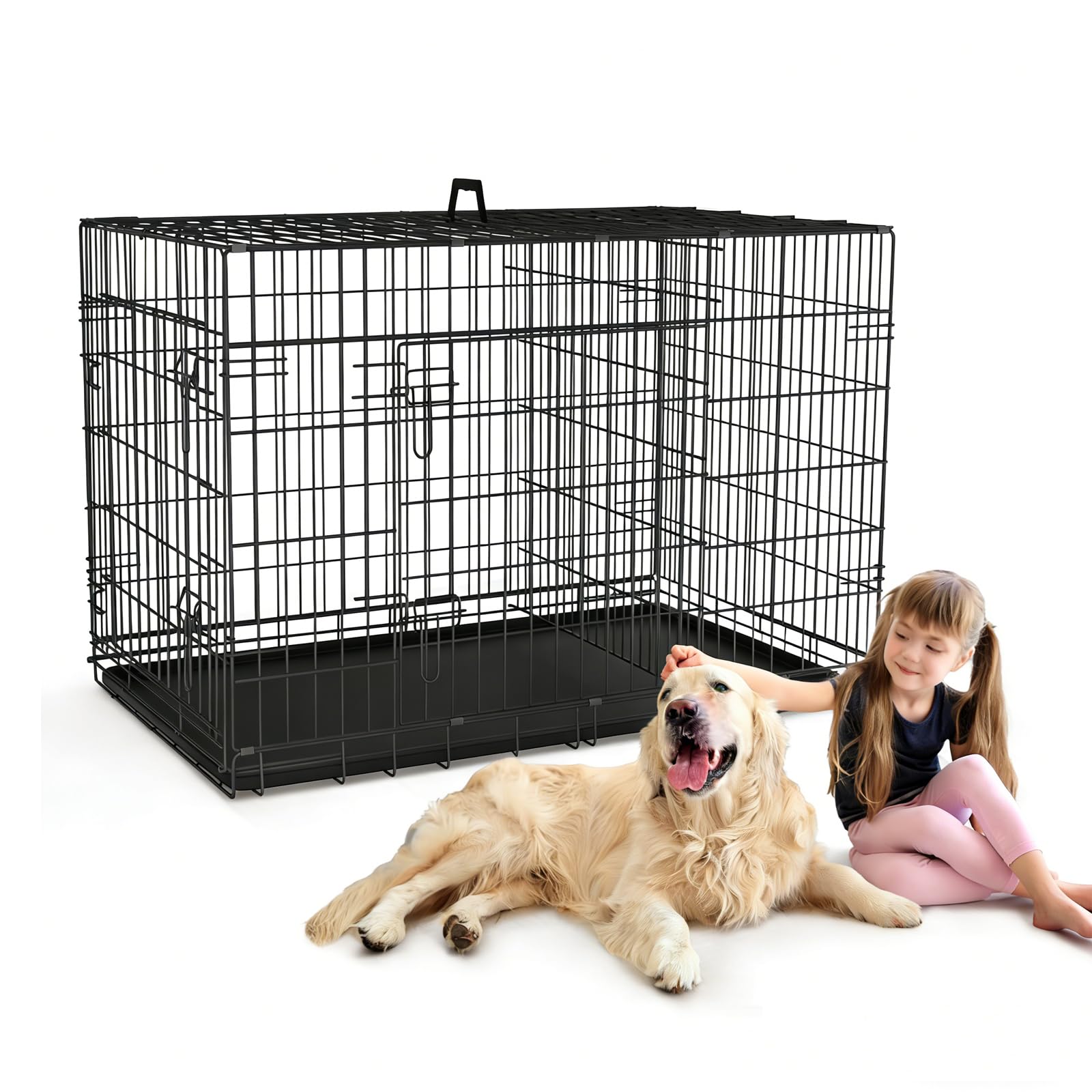 48 Inch Large Dog Crate, Wire Metal Dog Kennel with Double-Door, Divider & Leak-Proof Tray, Indoor Outdoor Foldable Travel Cage for Medium, Large Dogs