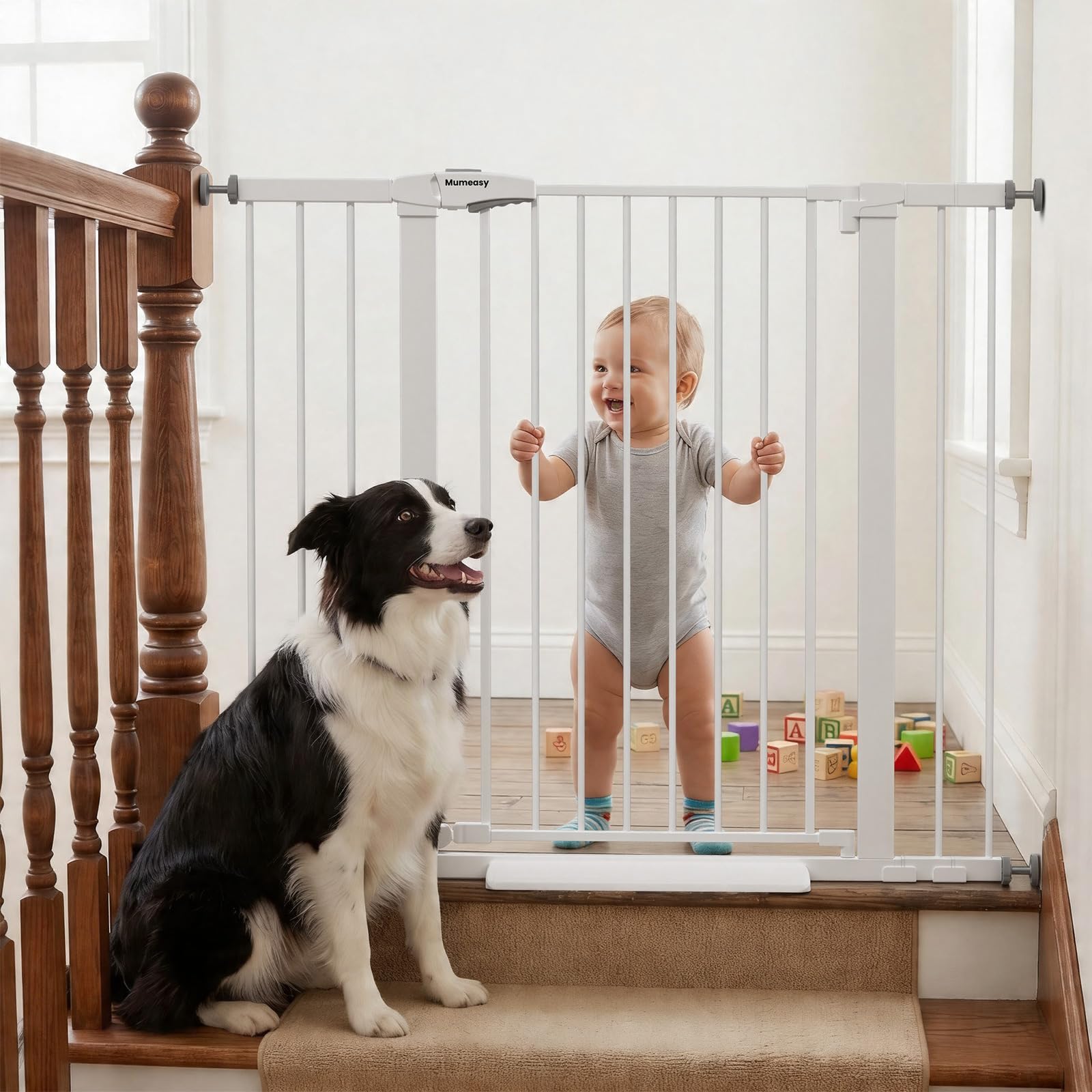 Mumeasy 36" Extra Tall Dog Gate, Auto Close Baby Gate for Stairs Doorways, 29.7-46" Wide Walk Thru Child Safety Gate for House, Easy Install Pressure Mounted Metal Pet Gate with Door, White