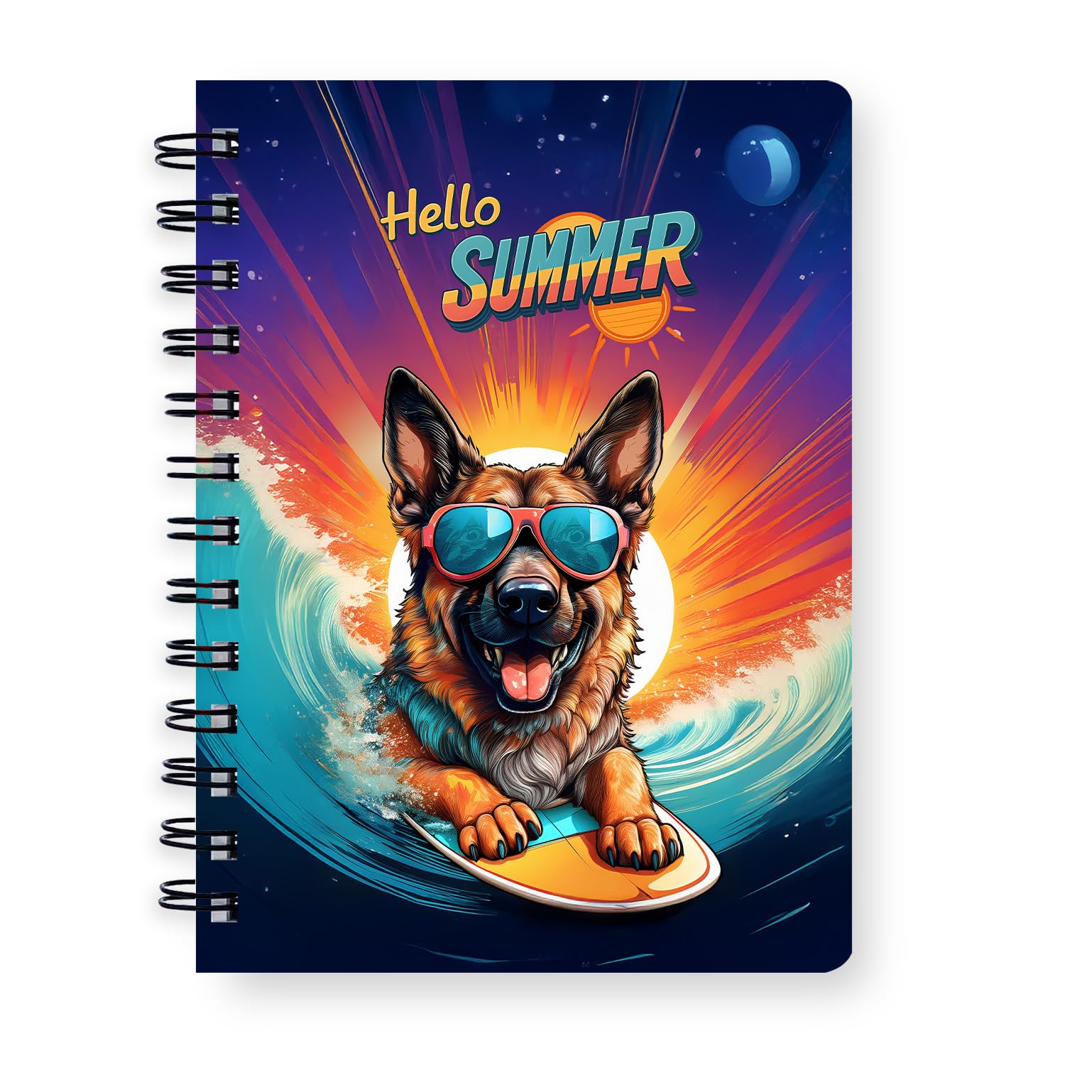 Ninety3POD Retro Surfing German Shepherd in Cool Sunglasses Hello Summer Waves Spiral Bound Journal Alsatian Dog Lover Gifts 5x7in Spiral Notebook 001