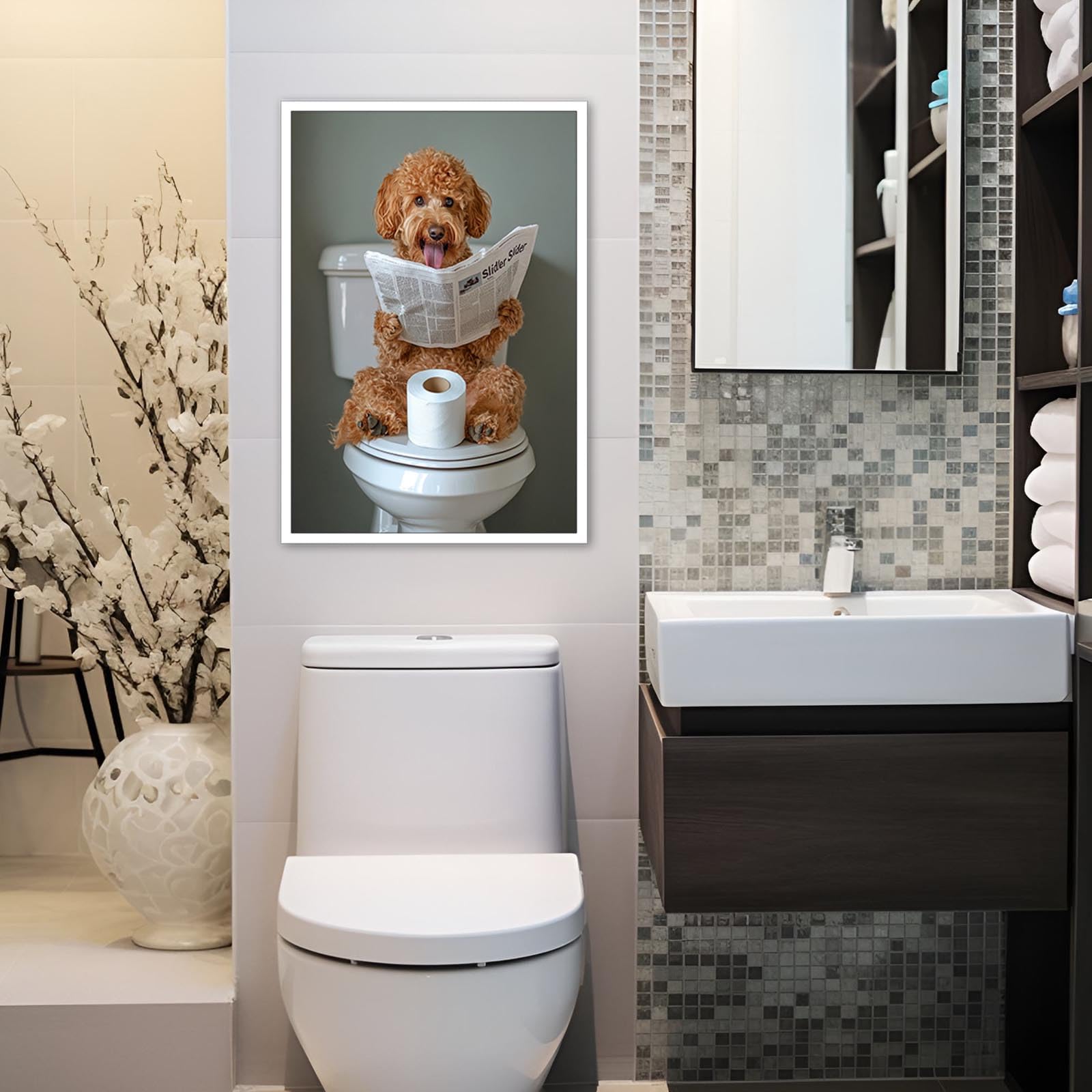 Golden Doodle Dog Bathroom Decor Canvas Wall Art Print Poster Funny Bathroom Decor Printing Humorous Animal For Dog Lovers Room Aesthetics 12X16 in Unframed