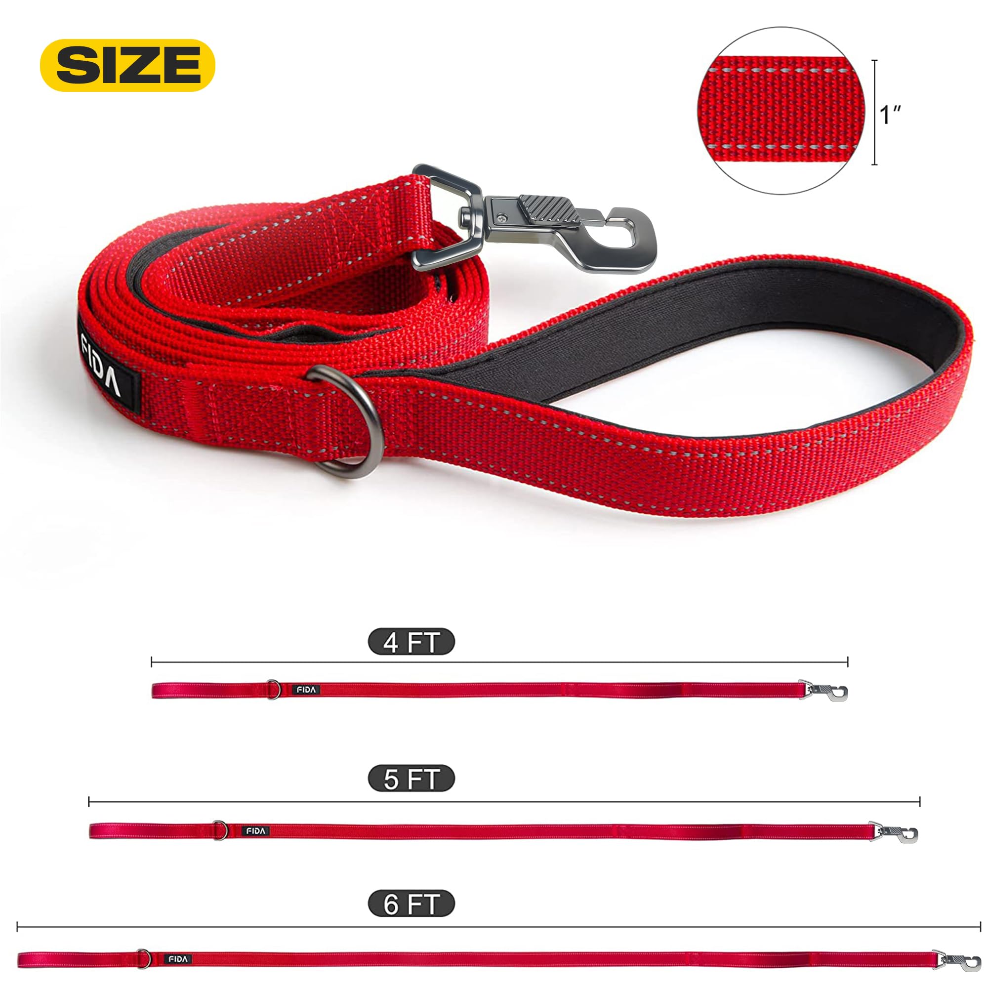 Fida 6 FT Heavy Duty Dog Leash with 2 Comfortable Padded Handles, Traffic Handle & Advanced Easy Snap Hook, Reflective Walking Lead for Large, Medium & Small Breed, Red