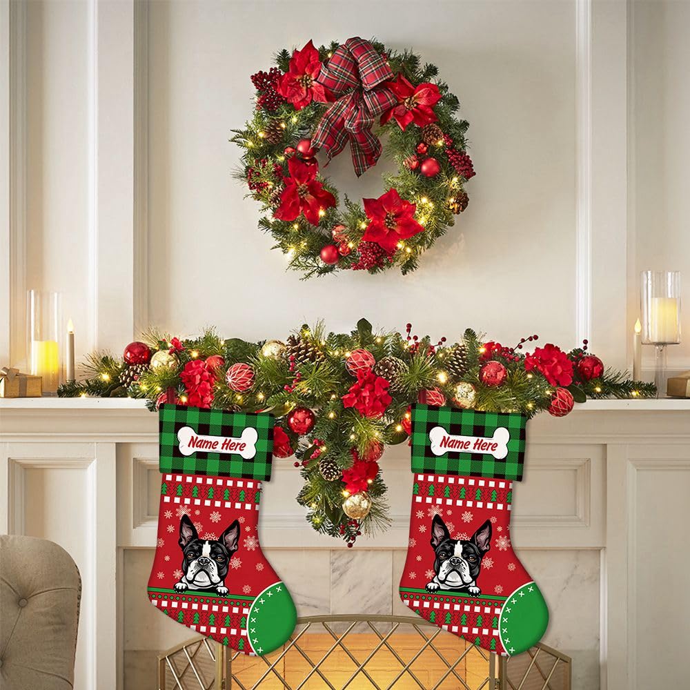 MALIHONG 3 Pack Customize Merry Christmas Red Stockings with Cute Dog Cocker Spaniel Bone Green Buffalo Plaid Snowflake 14.4"