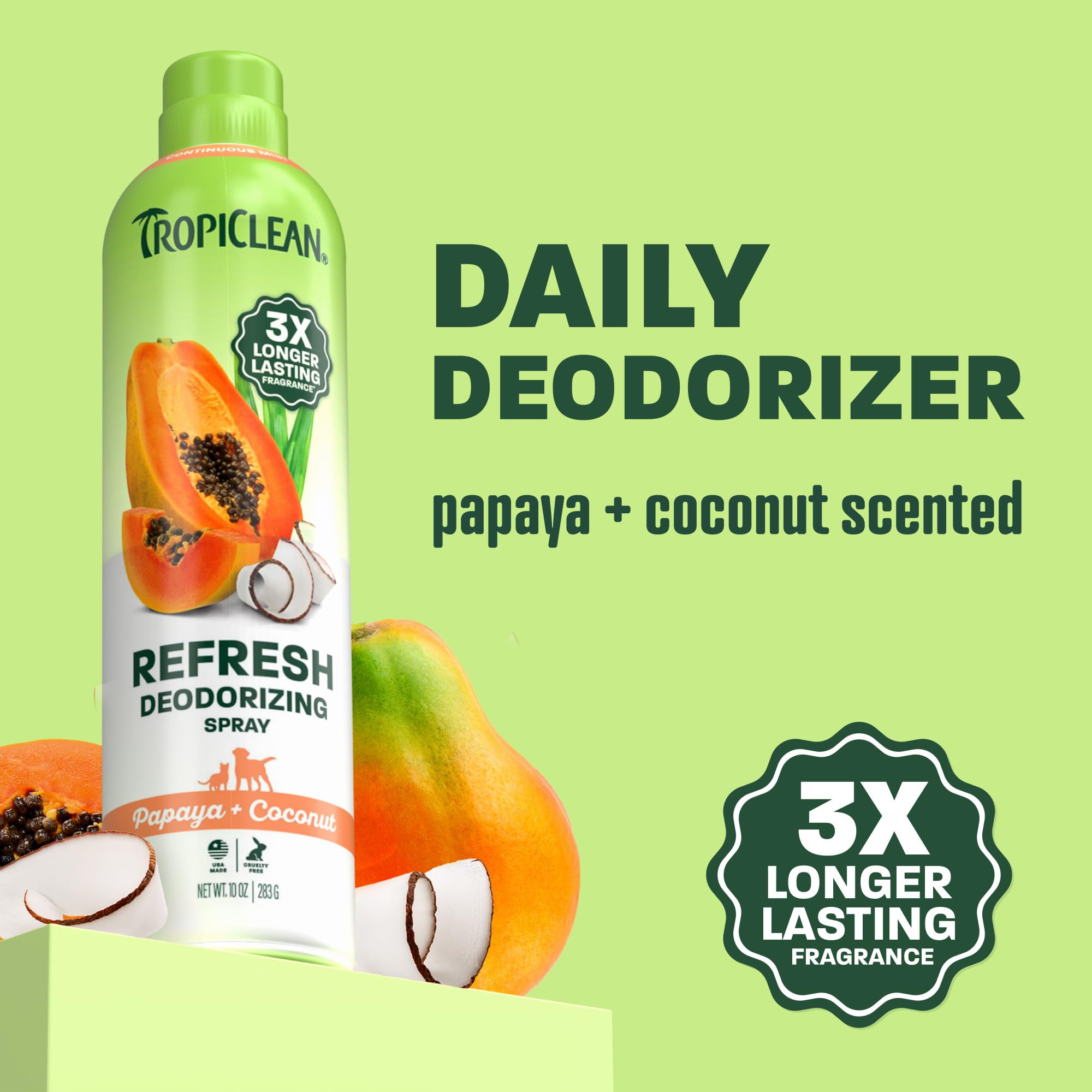 TropiClean Dog Perfume, Papaya Scented Dog Deodorizing Spray, 3X Long-Lasting Scent, After Bath Cologne & Detangling Spray with Vitamin E, 10oz.