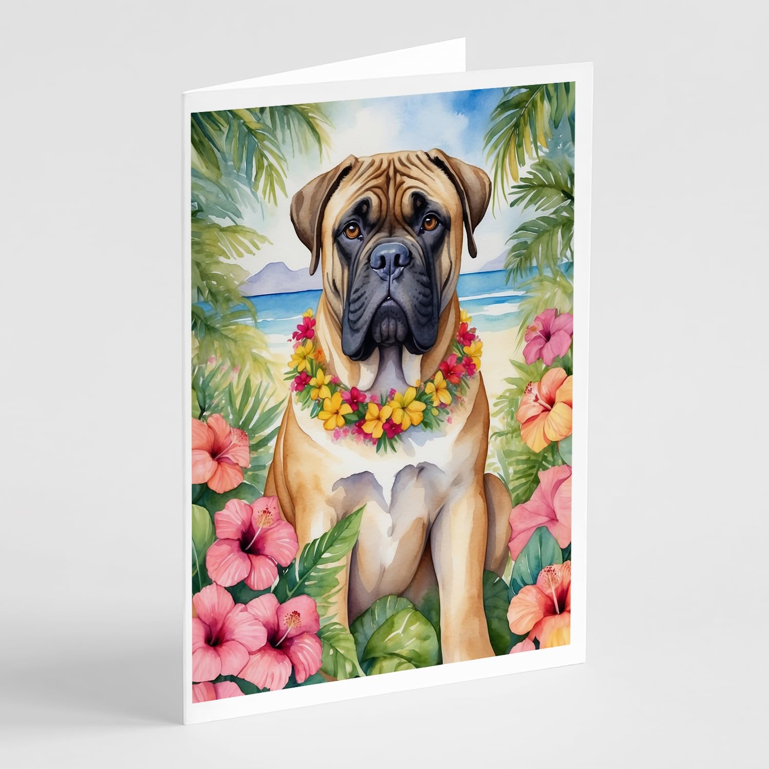 Caroline's Treasures Bullmastiff Luau Greeting Cards Pack of 8 Blank Cards with Envelopes Whimsical A7 Size 5x7 Blank Note Cards