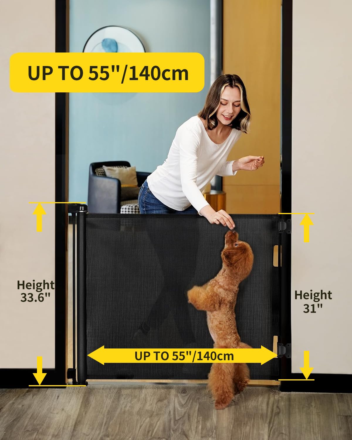 dearlomum Retractable Baby Gate,Mesh Baby Gate or Mesh Dog Gate,33" Tall,Extends up to 55" Wide,Child Safety Gate for Doorways, Stairs, Hallways, Indoor/Outdoor（Black,33"x55")