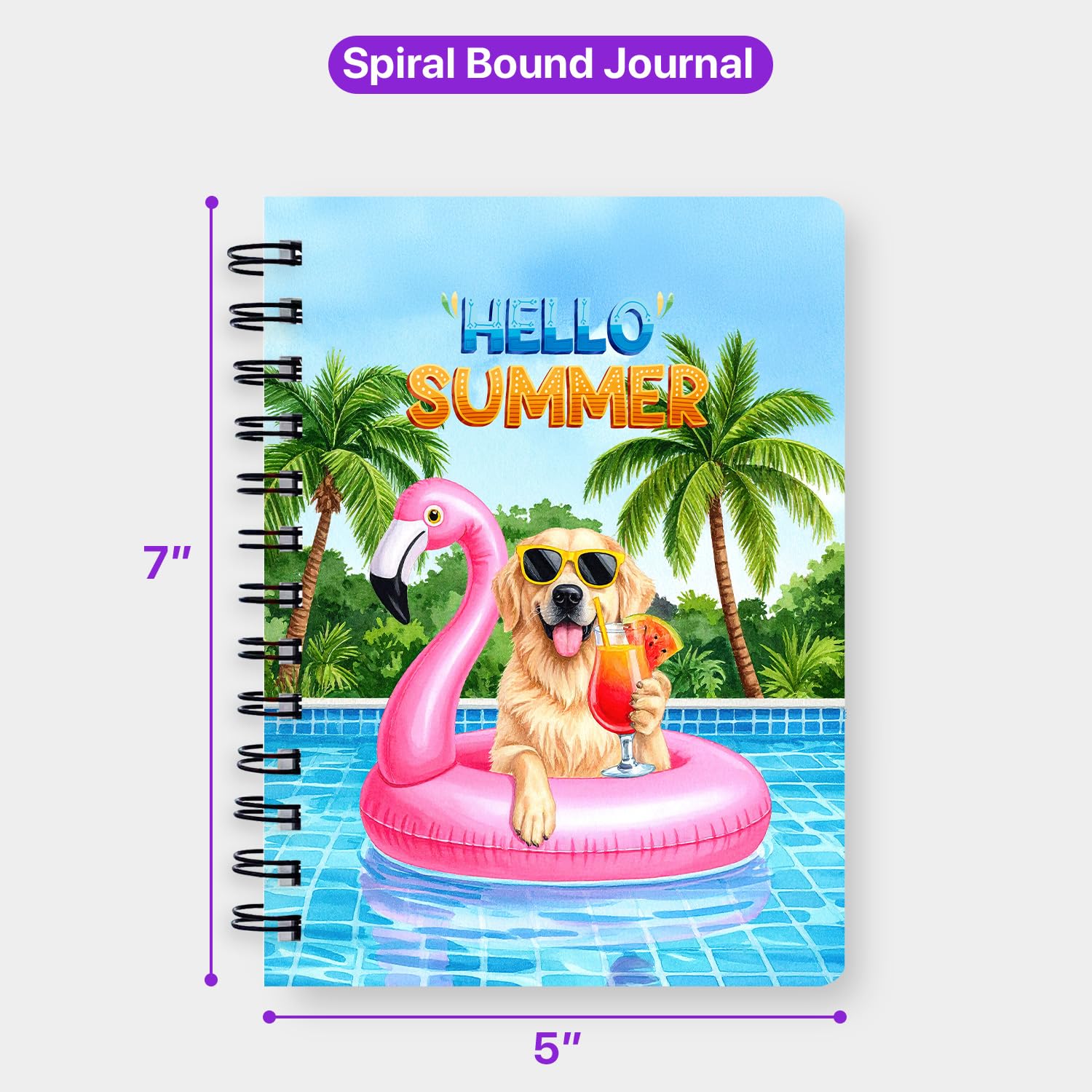 Ninety3POD Hello Summer Great Pyrenees at Swimming Pool Flamingo Swim Ring Spiral Bound Journal Pyr Dog Lover 5x7in Spiral Notebook 12009