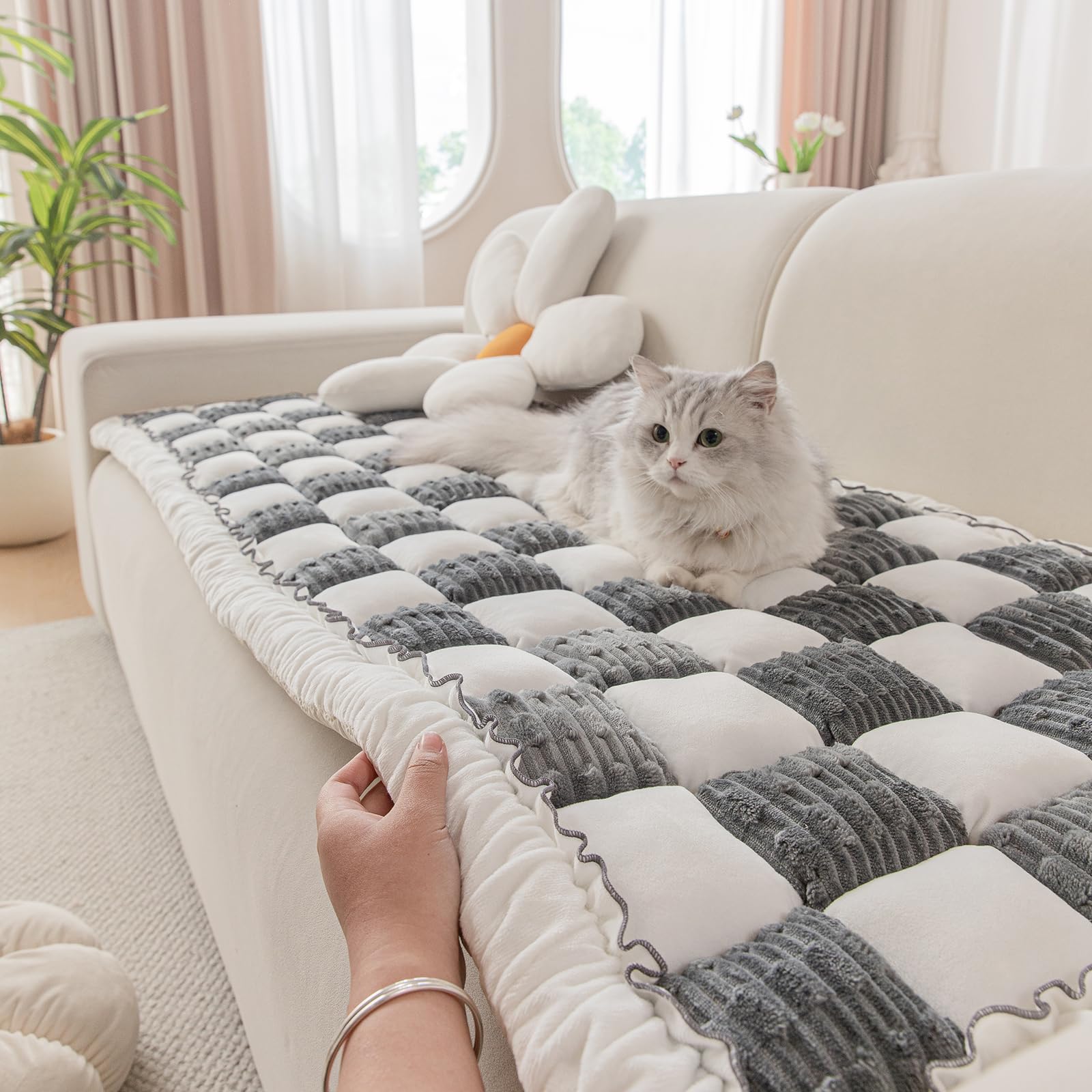 DREAMINGO Couch Cover for Dogs Washable, Funny Fuzzy Pet Sofa Covers Non Slip, Modern Checkered Dog Bed Mat, Thick Soft Couch Cushion Protector for 3 Seat Sofa, Grey, 27.6"x70.9"