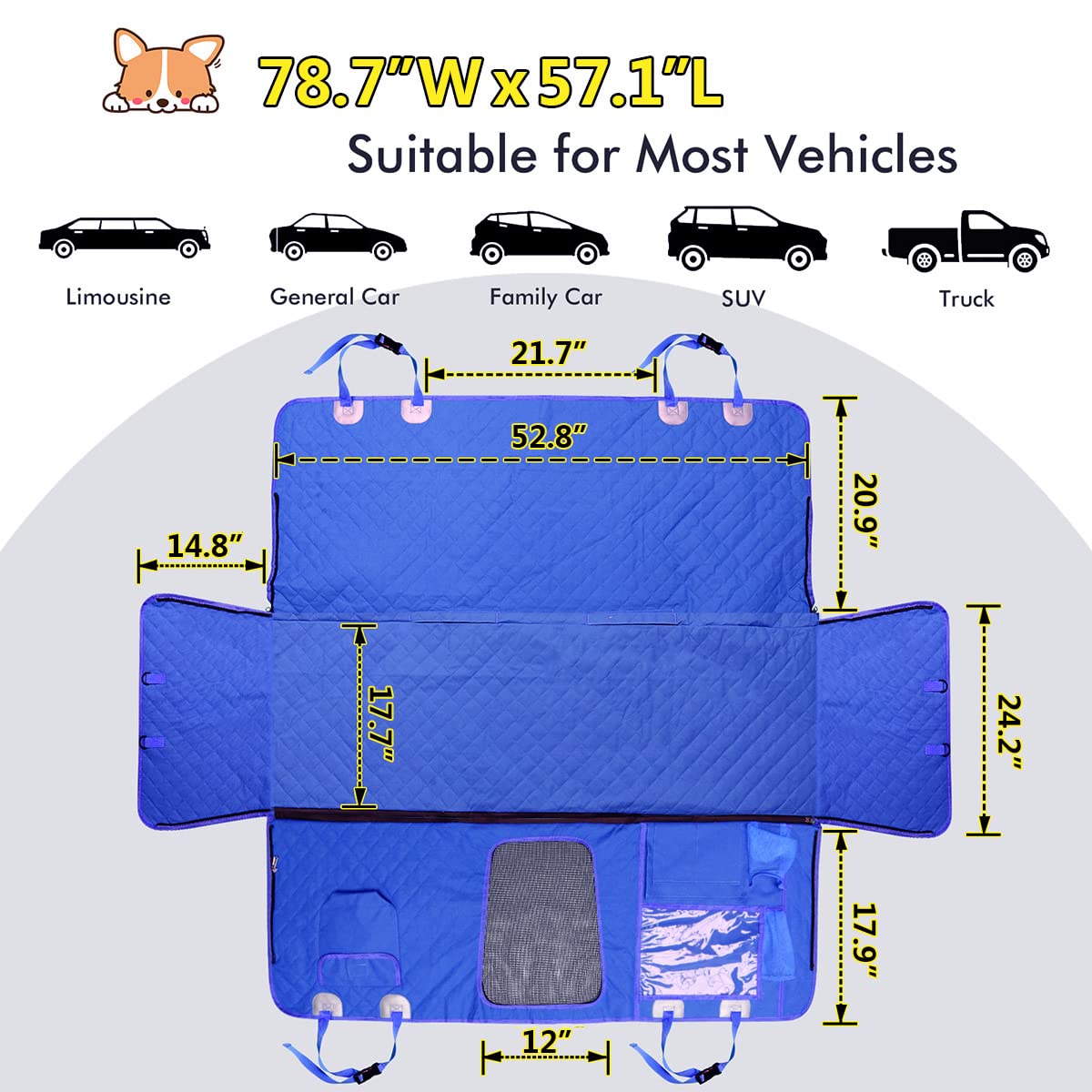 GURETER Dog Car Seat Cover for Back Machine Washable Waterproof Protector Dogs, Backseat with Mesh Window, Universal Cars, Trucks & SUVs, Blue, CWLSGU3
