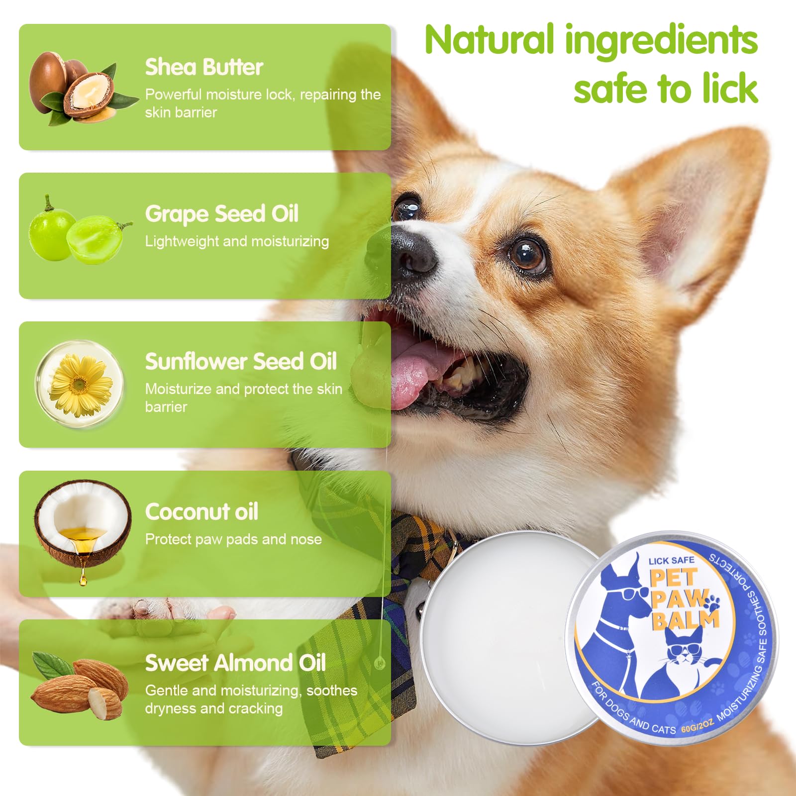 Dog Paw Balm Lick-Safe Paw Balm for Dogs & Cats, Natural Moisturizer with Organic Coconut Oil Quickly Nourishes and Repairs Dry, Cracked Paws and Nose