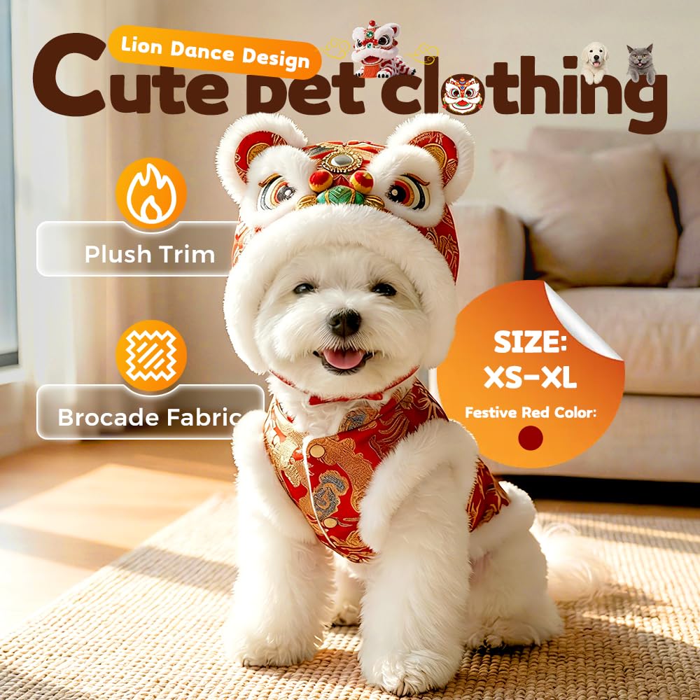 Cute Dance Lion Pet Costume with Red Sequins New Year Cat Dog Clothes Hoodies Coat Chinese Lion Dance Dog Costume, Spring Festival Pet Outfit
