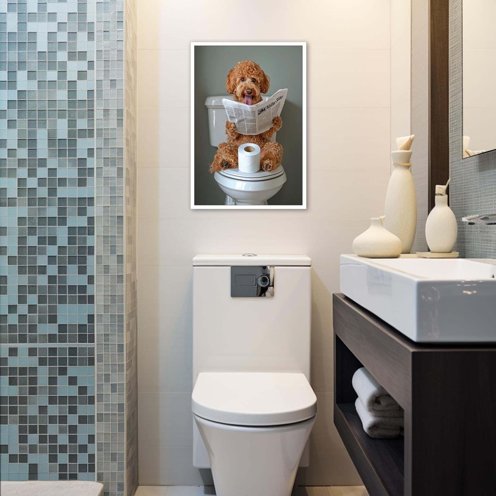 Golden Doodle Dog Bathroom Decor Canvas Wall Art Print Poster Funny Bathroom Decor Printing Humorous Animal For Dog Lovers Room Aesthetics 12X16 in Unframed