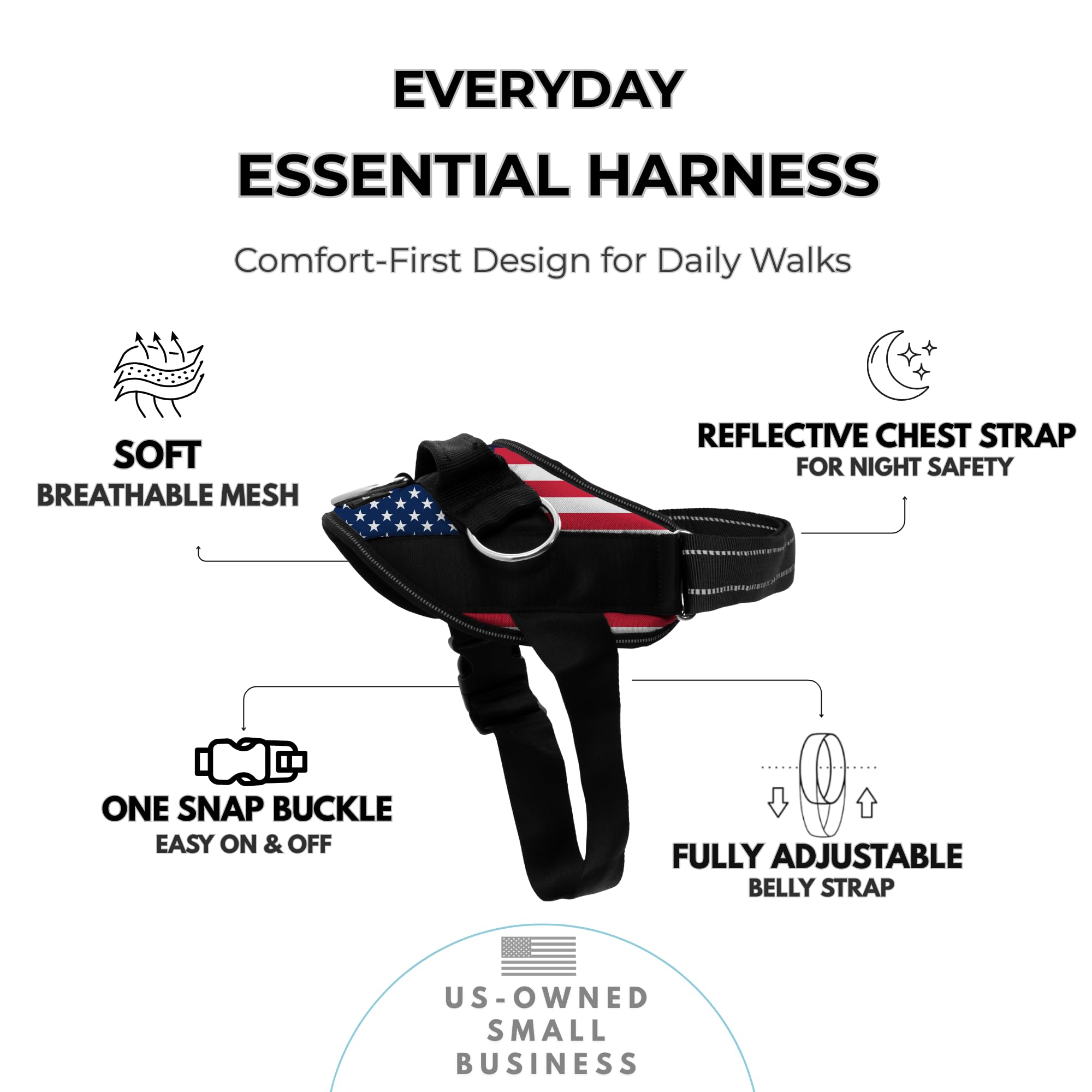 ShawnCo Essential Dog Harness, No-Pull Pet Vest with 3 Leash Clips, No Choke, Reflective, Adjustable and Padded, for Easy Walking and Training for Small, Medium and Large Dogs (Stars and Stripes, S)