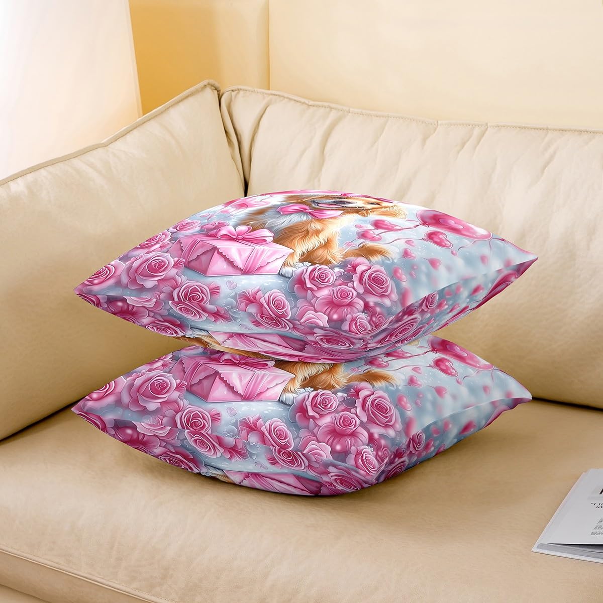 Manfei Cute Dog Throw Pillow Covers Set of 2 Pink Rose Flowers Balloon Cushion Covers for Couch Sofa Valentine's Day Puppy Decorative Pillowcases Soft Outdoor Pillows Covers,16"x16"