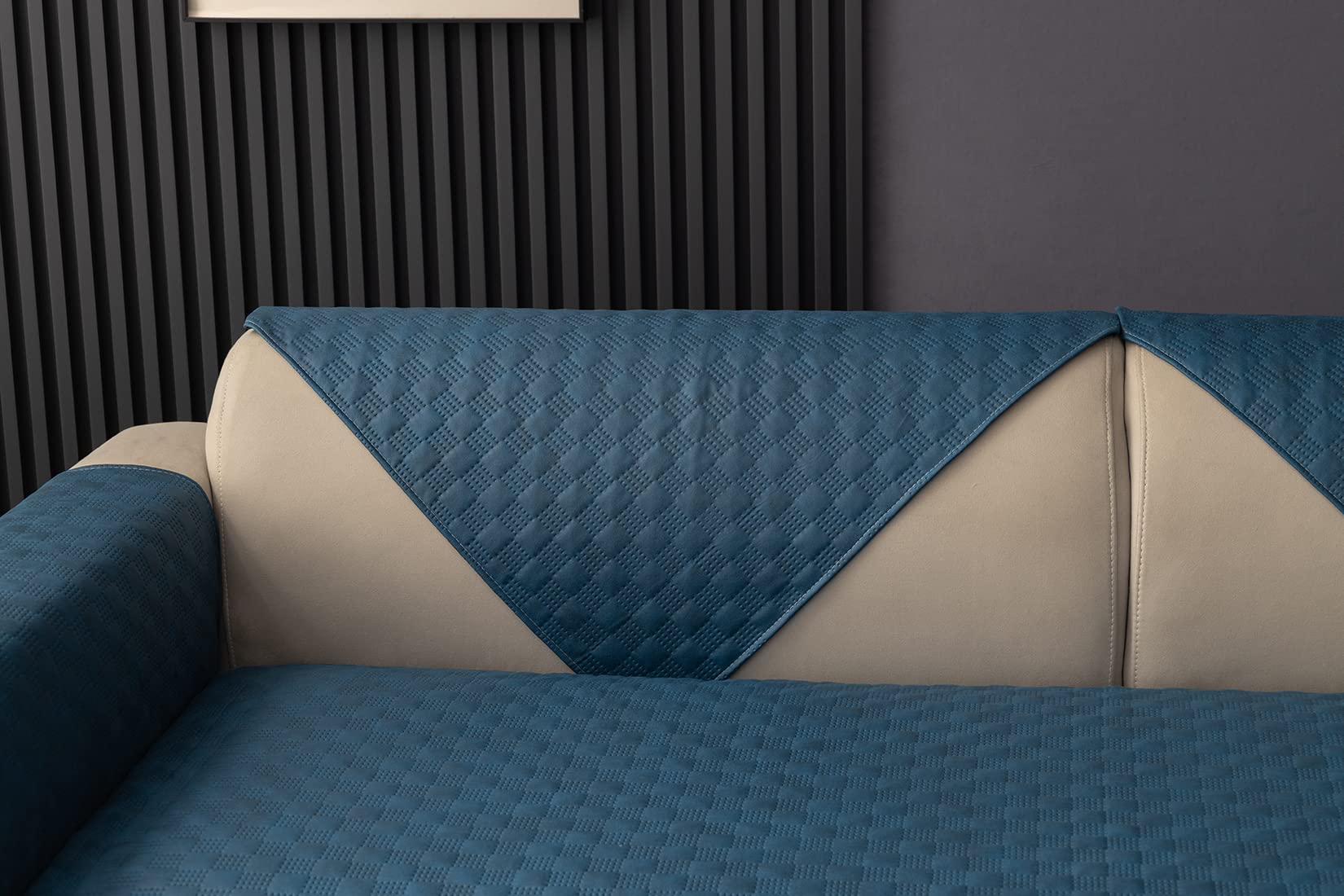 vctops Luxury Water Resistant Quilted Sofa Cover Faux Suede Plaid Sectional Couch Cover Anti-Slip Sofa Slipcover for Dogs, Children, Pets Furniture Protector (Dark Blue,36"x36")
