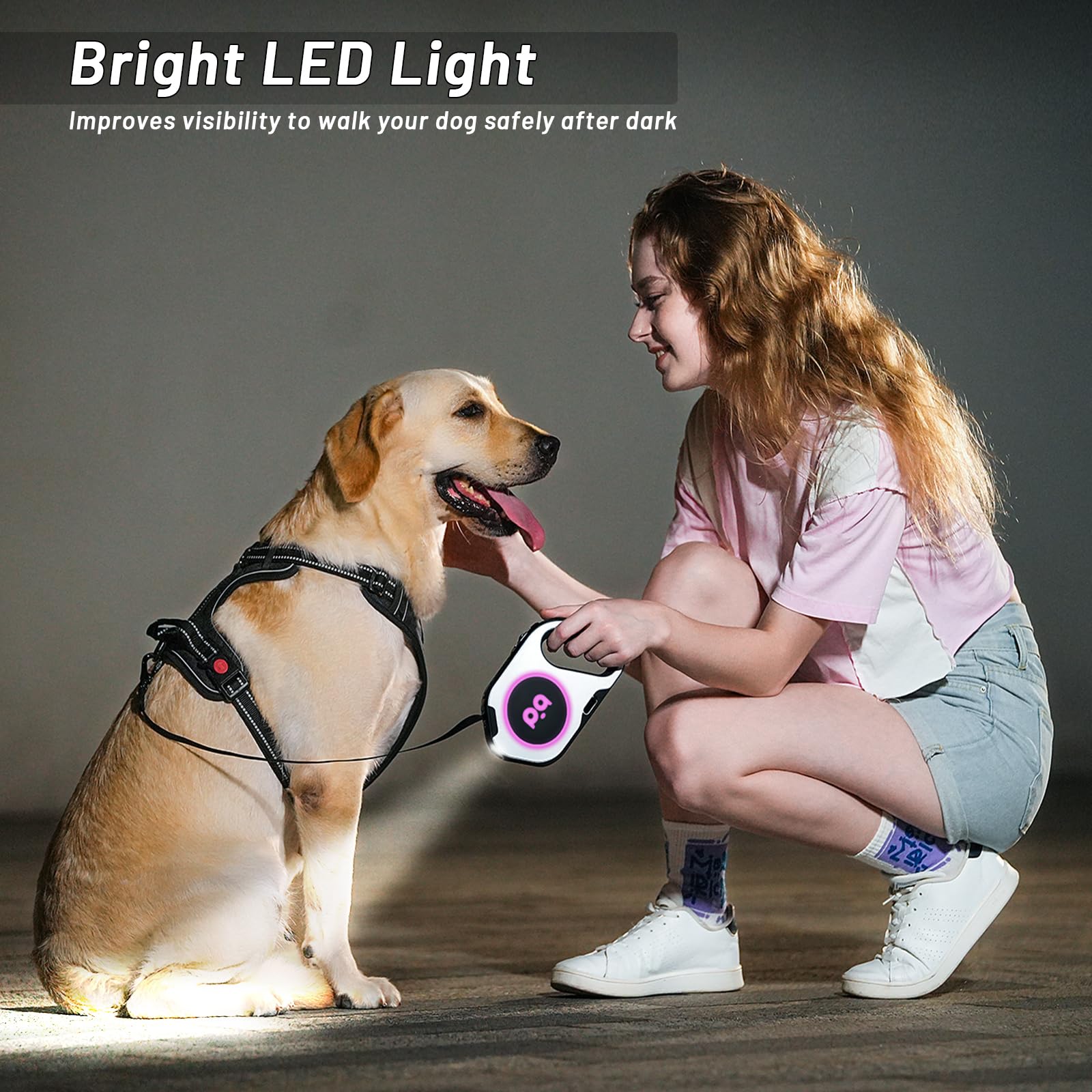 QQPETS Retractable Dog Leash with Rechargeable LED Light - 16 ft Strong Nylon Tape for Night Walks up to 88lbs Pet - 360° Tangle-Free One-Handed Brake, Pause, Lock (White)