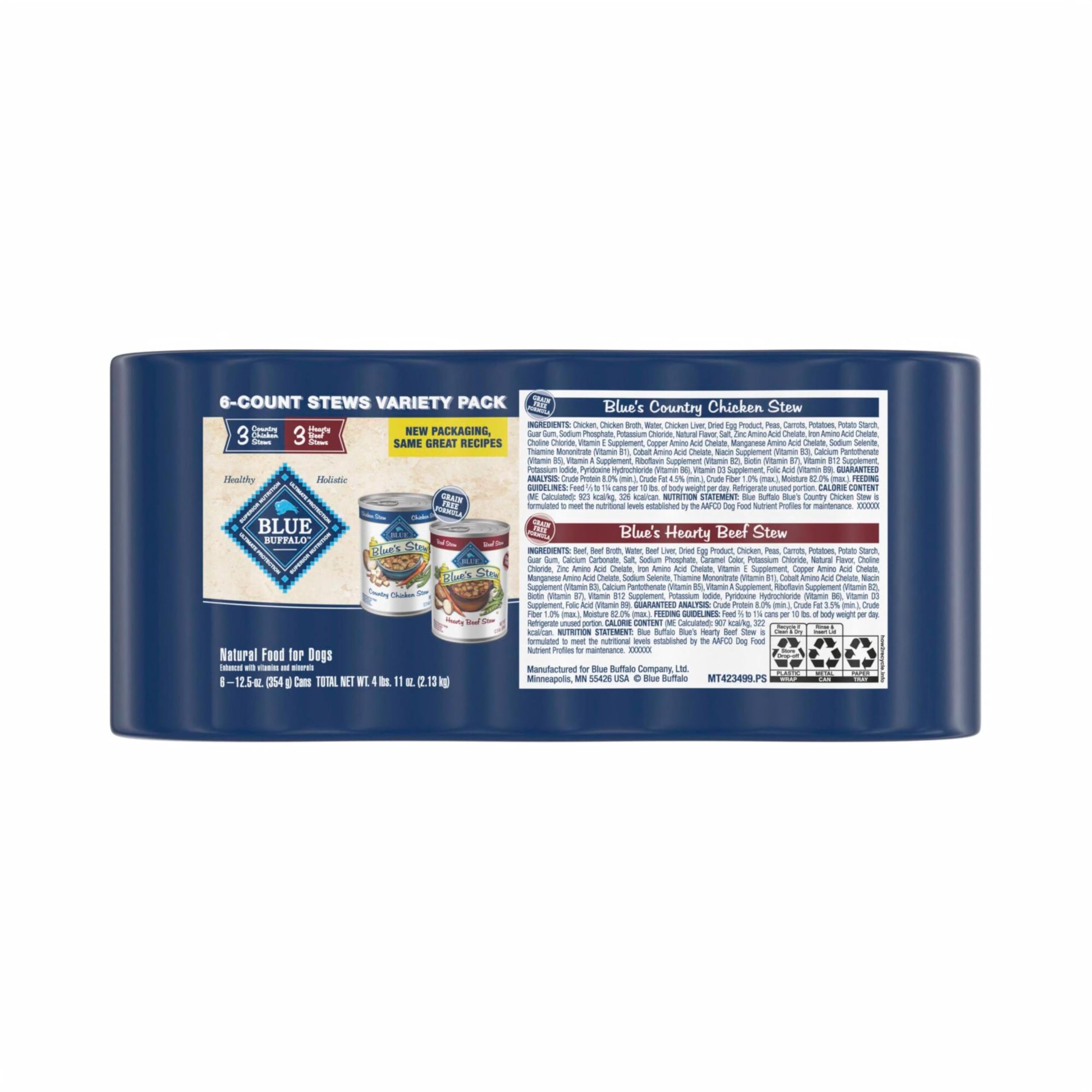 Blue Buffalo Blue's Stew Natural Wet Dog Food, Made with Natural Ingredients, Hearty Beef and Country Chicken Variety Pack, 12.5-oz Cans, 6 Count