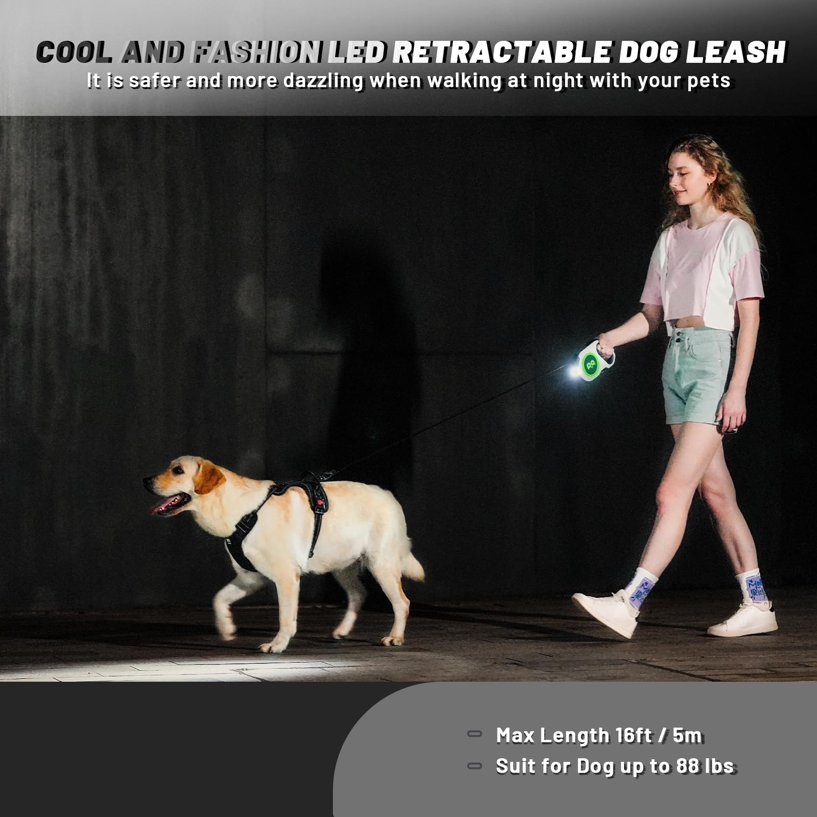 QQPETS Retractable Dog Leash with Rechargeable LED Light - 16 ft Strong Nylon Tape for Night Walks up to 88lbs Pet - 360° Tangle-Free One-Handed Brake, Pause, Lock (White)