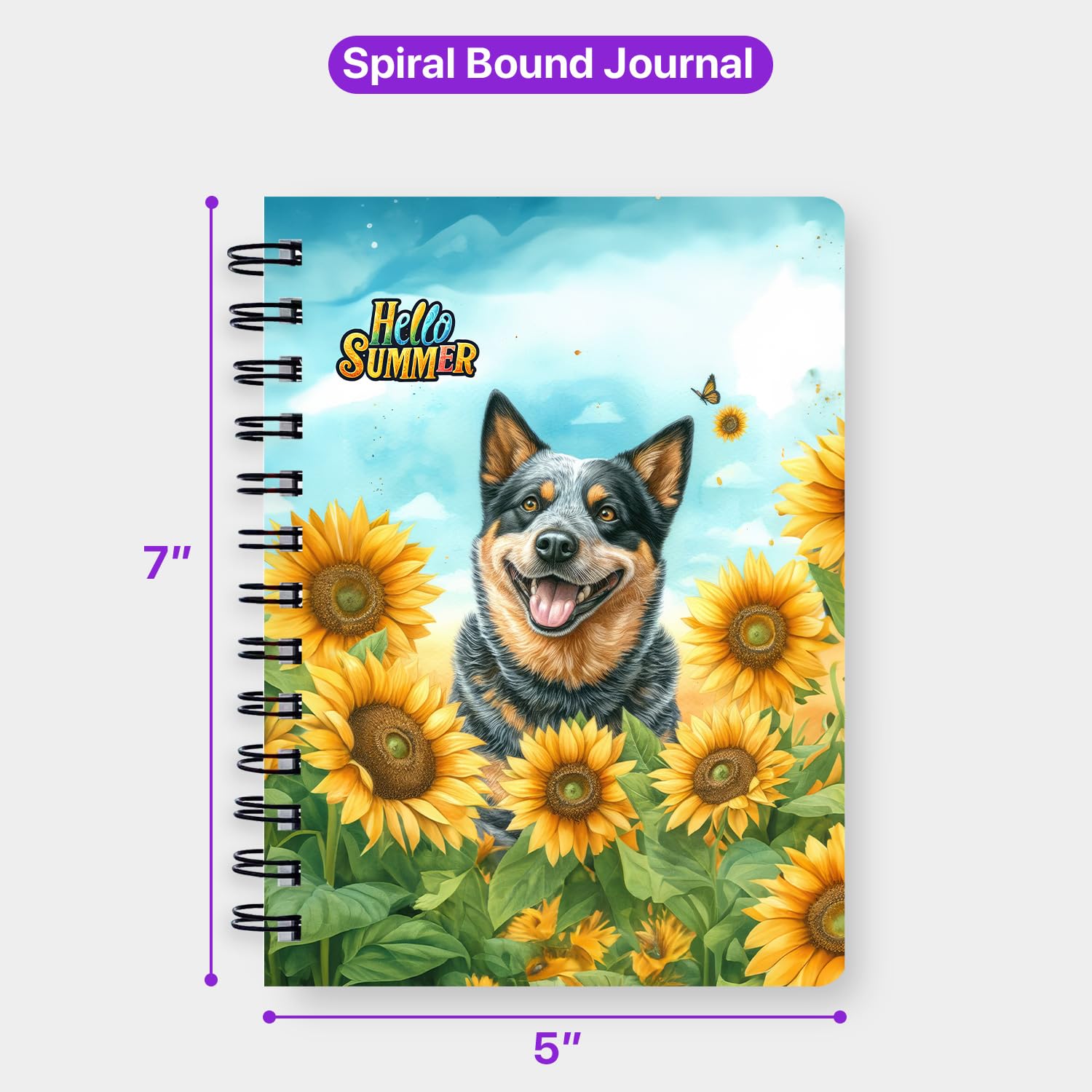 Ninety3POD Australian Cattle Dog Hello Summer Sunshine Sunflowers Spring Retro Vintage Spiral Bound Journal Heeler Lover Gifts 5x7in Spiral Notebook - 008