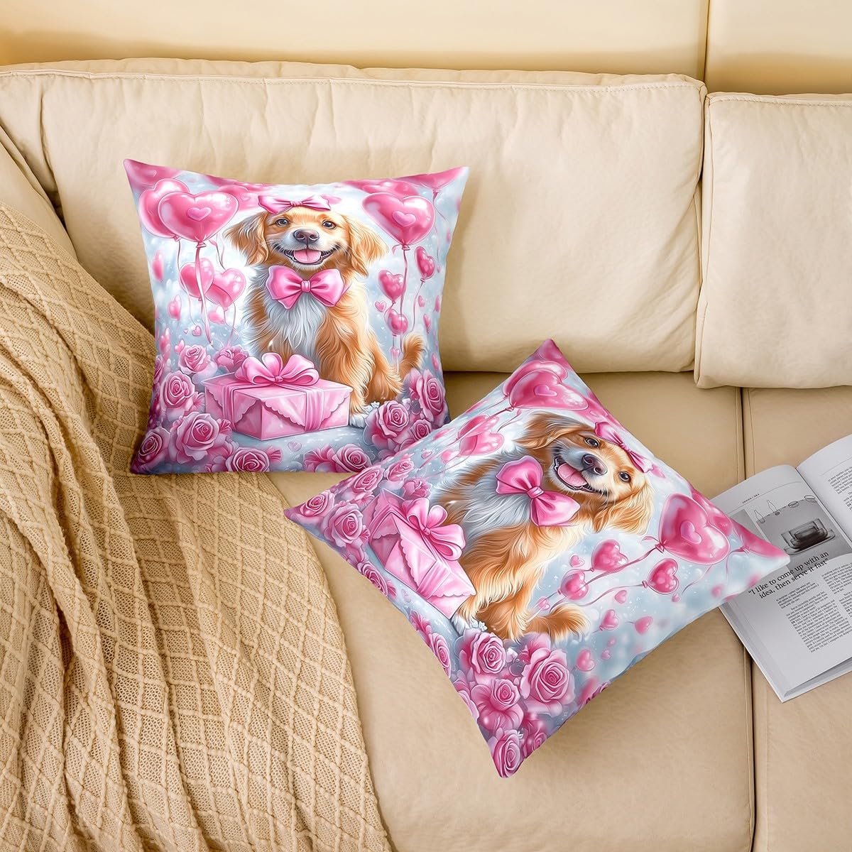 Manfei Cute Dog Throw Pillow Covers Set of 2 Pink Rose Flowers Balloon Cushion Covers for Couch Sofa Valentine's Day Puppy Decorative Pillowcases Soft Outdoor Pillows Covers,16"x16"
