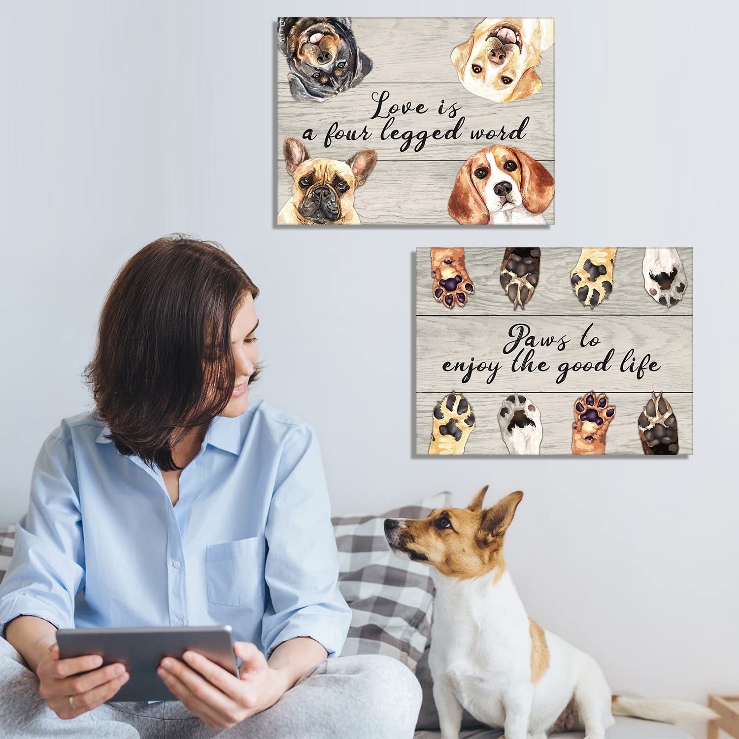 KAIRNE Love is a Four Legged Word Art Prints,Dogs Signs for Home Decor,Animals Paintings,Pet Dogs Footprints Wall Art set of 2 (12x16inch,framed) Cute Puppy Paws Posters For Dog Lover Home Decoration