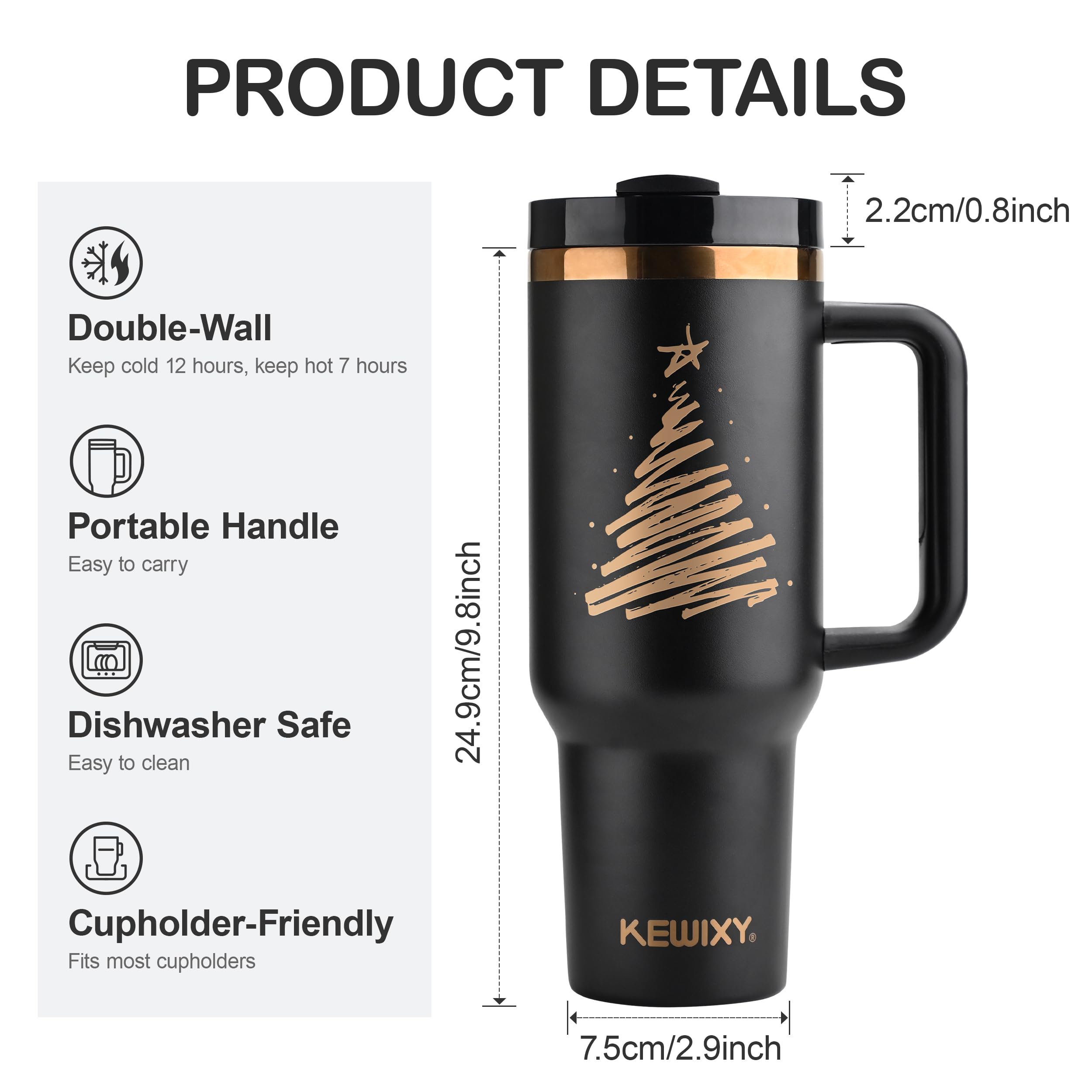KEWIXY 40 oz Tumbler With Handle and Straw,Vacuum Insulated Water Bottle, Leak Proof Fits in Cup Holder, Travel Coffee Mug with Lid -Golden Christmas Treex1