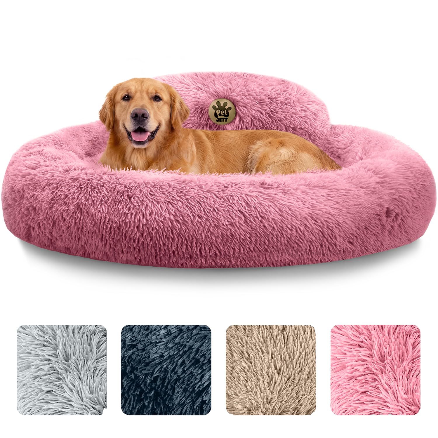 PetJett Large Dog Bed - 36'' Calming Donut Dog Beds, Anti-Slip & Washable Large Round Bed, Fluffy Faux Fur Pet Bed, Super Soft Anti-Anxiety Premium Comfort Bed, Fits Dogs up to 80 lbs - Pink