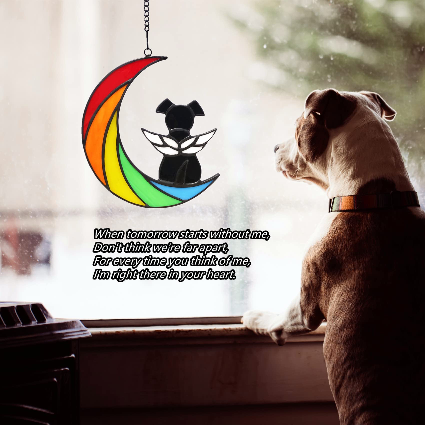 Lcensp Stained Glass Rainbow Bridge Dog Memorial Gifts for Loss of Dog Sympathy Remembrance Suncatcher, Angel Wings Pet Loss Bereavement Gifts in Memory of Pet Passing Away Window Hanging.