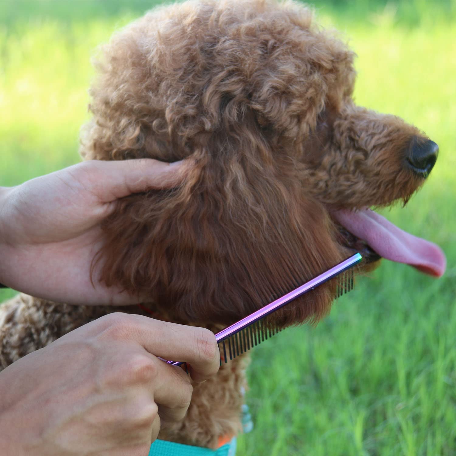 ROPO Dog Comb for Removing Matted Fur - Pet Dematting Comb with Rounded Teeth and Non-Slip Grip Handle - Prevents Knots and Mats for Long and Short Haired Pets (Round handle, Bright Silver)
