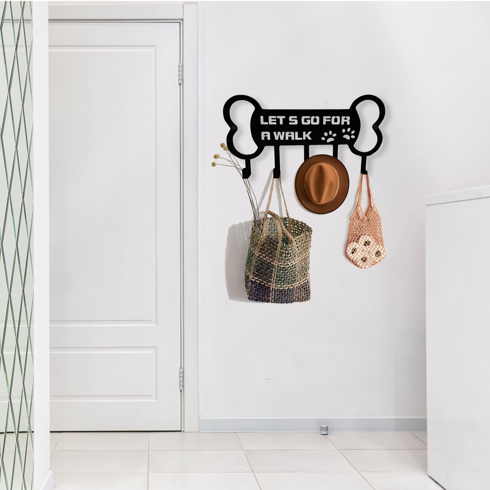 BiaGift Wall Mounted Dog Leash Holder and Key Organizer - 'Lets Go for A Walk' with Farmhouse Style