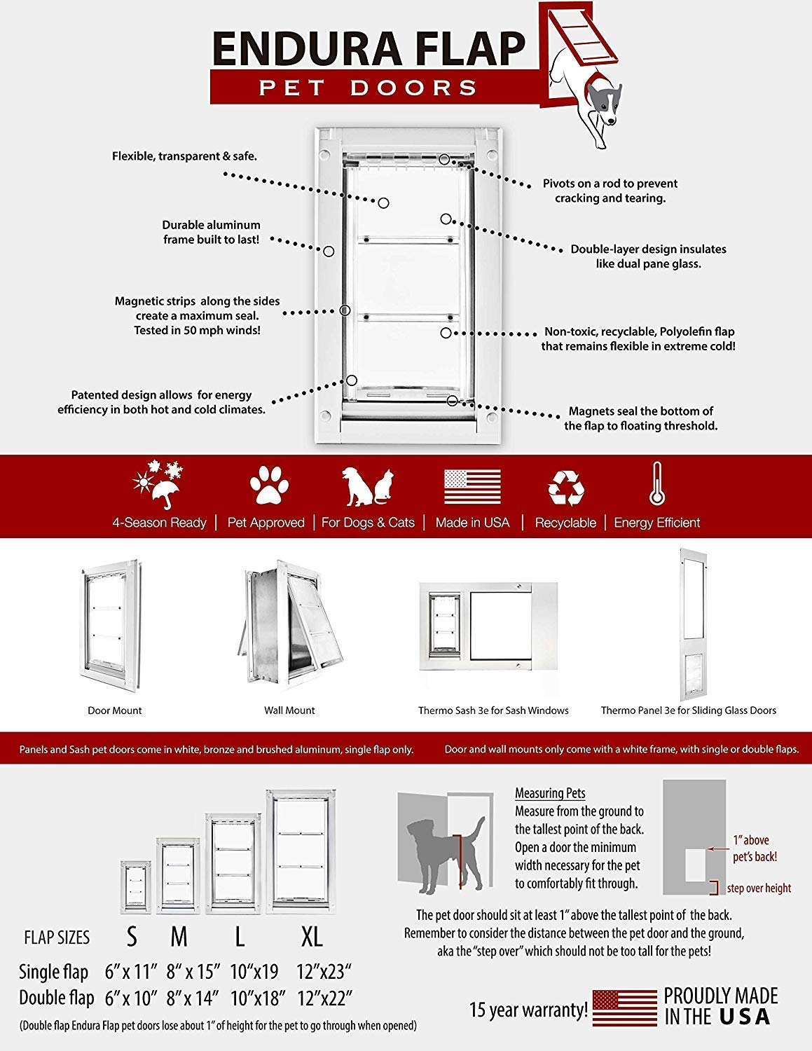 Endura Flap Thermo Panel Pet Door for Sliding Glass Doors | Heavy-Duty Aluminum Frame with Secure Locking Cover | Energy Efficient & Easy Install | White, Large Flap, 74.75"-77.75" Slider Height