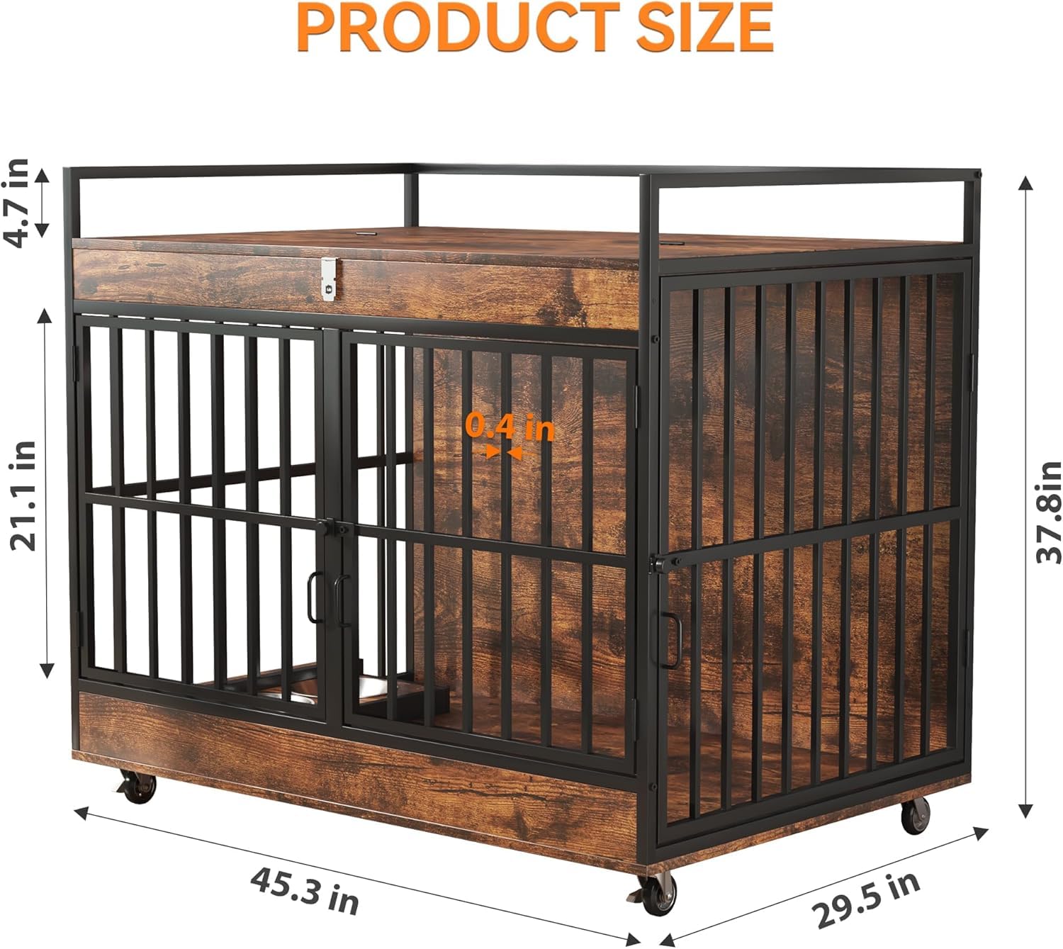 NEWBULAND 45 Inch Dog Crate Furniture for Large Dog with 2 Stainless Steel Bowls, Heavy Duty Dog Kennel Indoor, Large Wooden Dog Crate Table for Decorate House As TV Stand, End Table