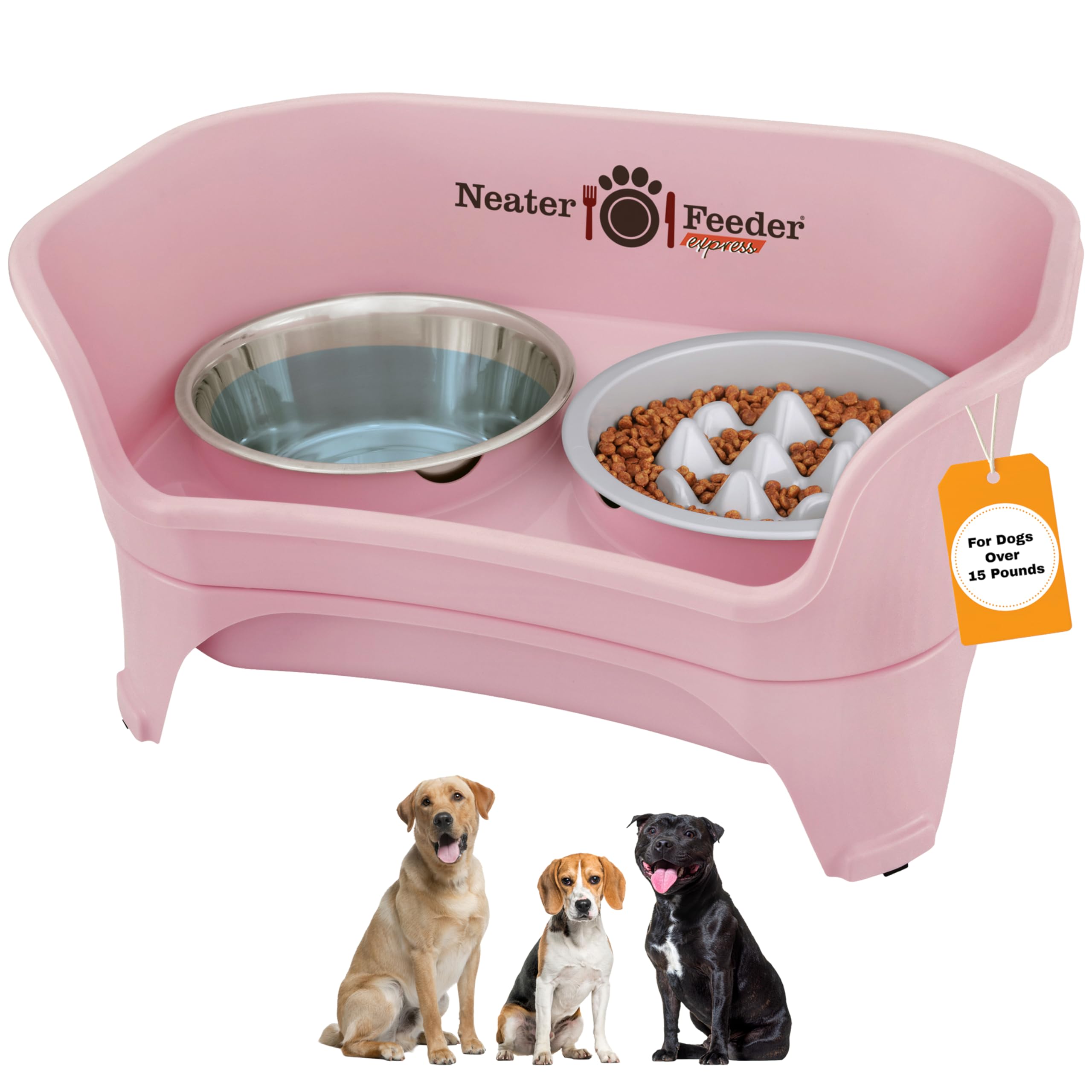 Neater Feeder Express Mess Proof Dog Bowls Elevated for Medium and Large Breed – Made in USA – No Spill Raised Slow Feeder Elevated Dog Bowl Stand, Slow Feed Food and Water Bowl Set, Pink