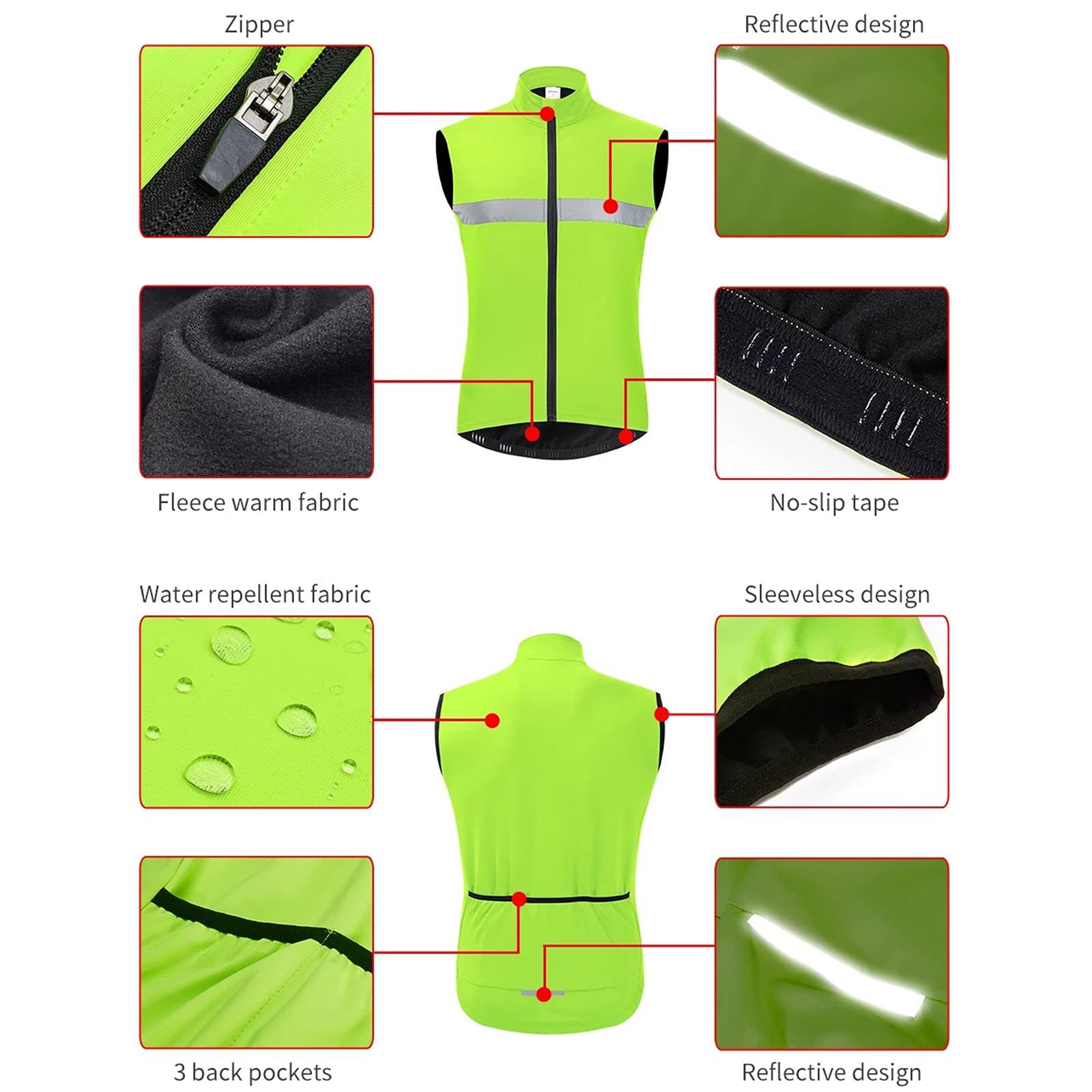 YYDM Windproof Bicycle Vest, Lightweight and Breathable Cycling Vest, Waterproof and Reflective, High Elasticity and Back Pocket Design, Used for Outdoor Sports,Black,M